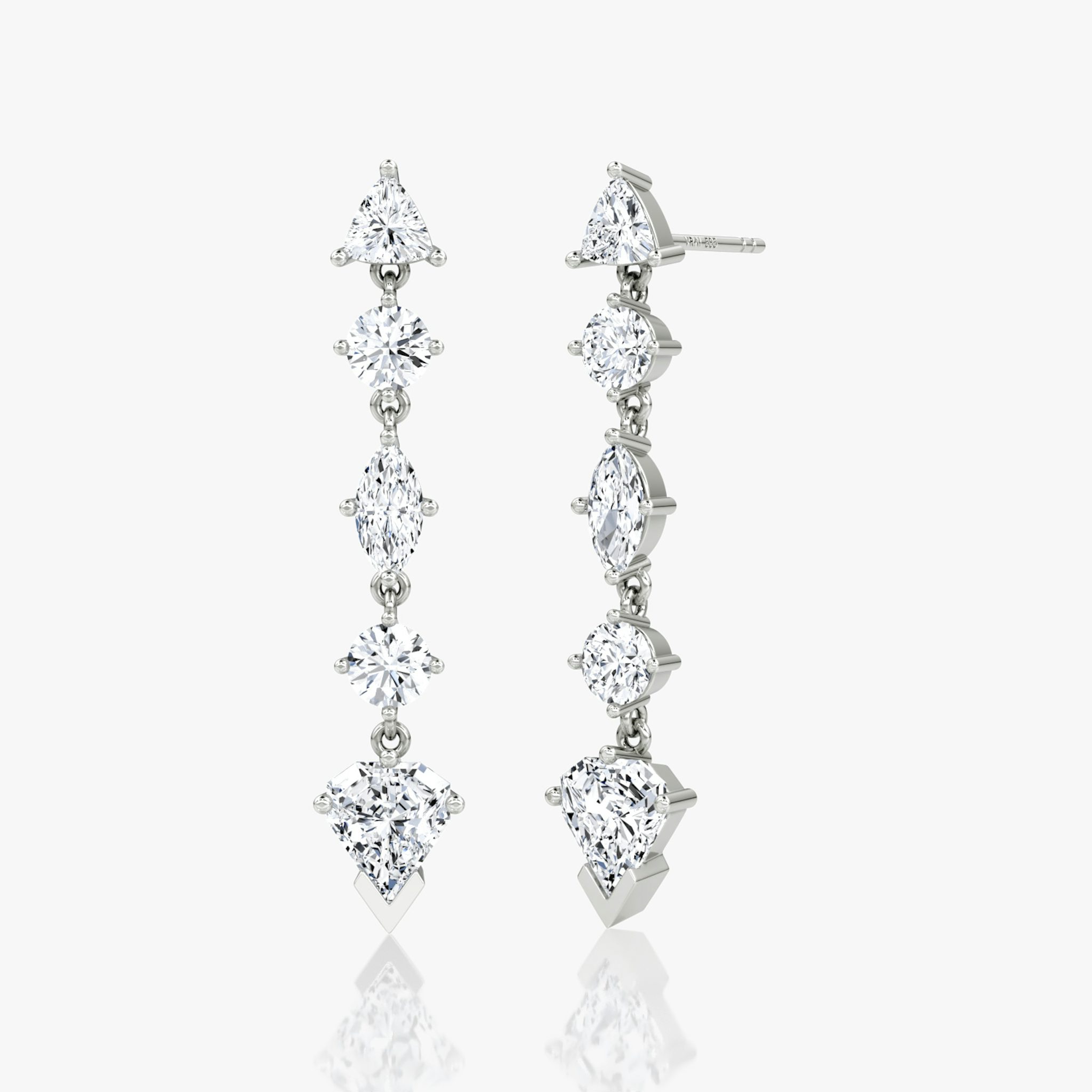 V Mixed Drop Shield Earring | Trillion and Round Brilliant and Marquise and Shield | 14k | White Gold