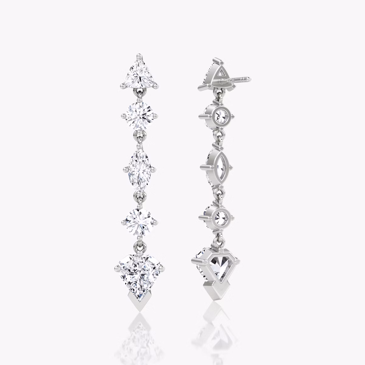 Boucle d'oreille V Mixed Drop Shield | Trillion et Rond et Marquise et Bouclier | 14k | Or blanc
