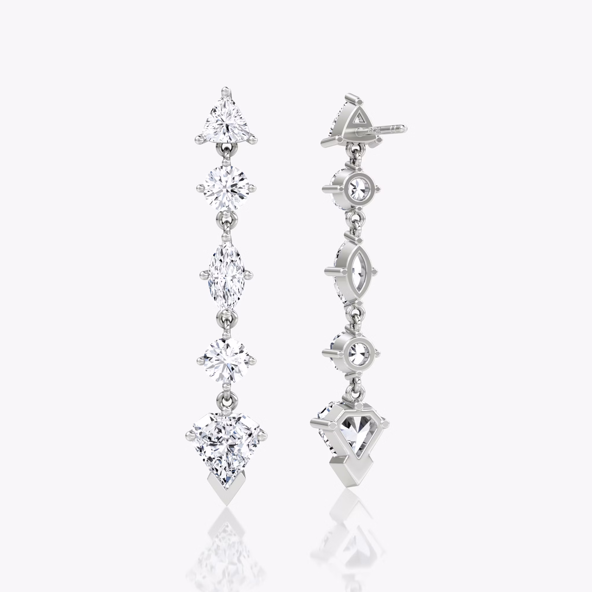 V Mixed Drop Shield Earring | Trillion and Round Brilliant and Marquise and Shield | 14k | White Gold
