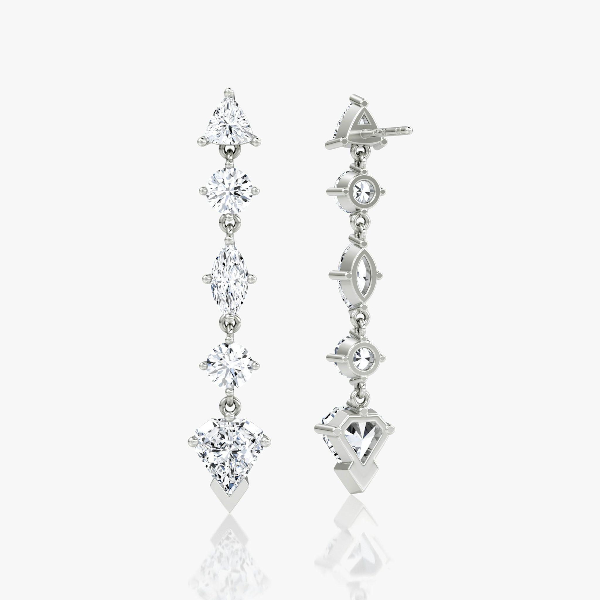 V Mixed Drop Shield Earring | Trillion and Round Brilliant and Marquise and Shield | 14k | White Gold