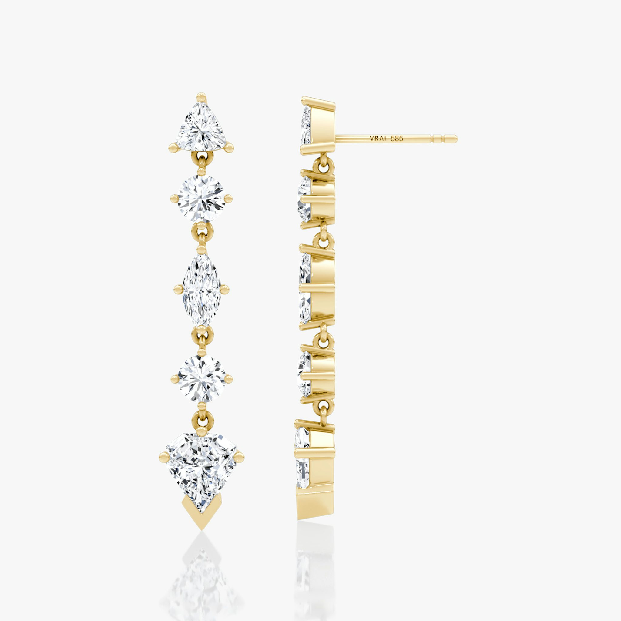 V Mixed Drop Shield Earring | Trillion and Round Brilliant and Marquise and Shield | 14k | Yellow Gold
