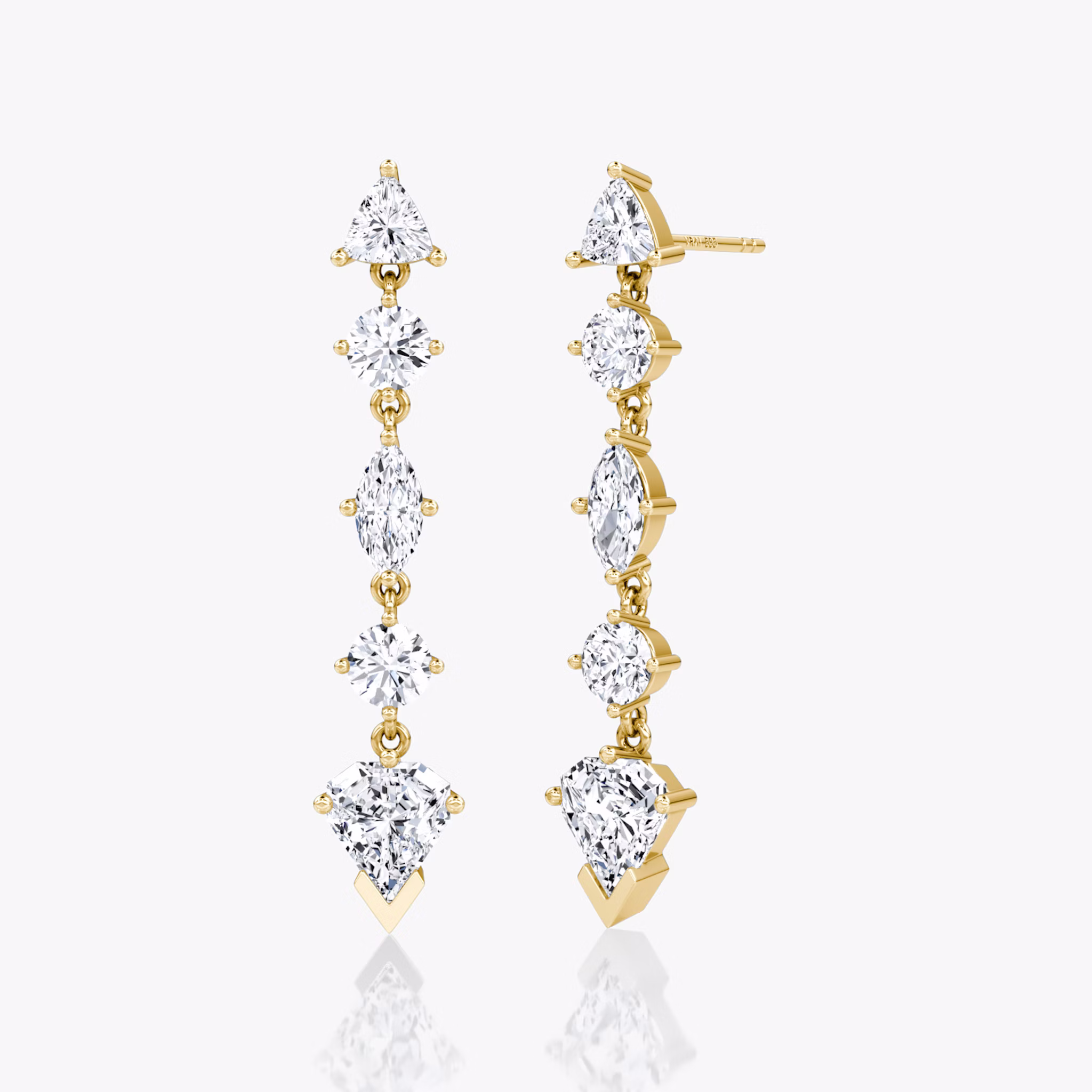 V Mixed Drop Shield Earring | Trillion and Round Brilliant and Marquise and Shield | 14k | Yellow Gold