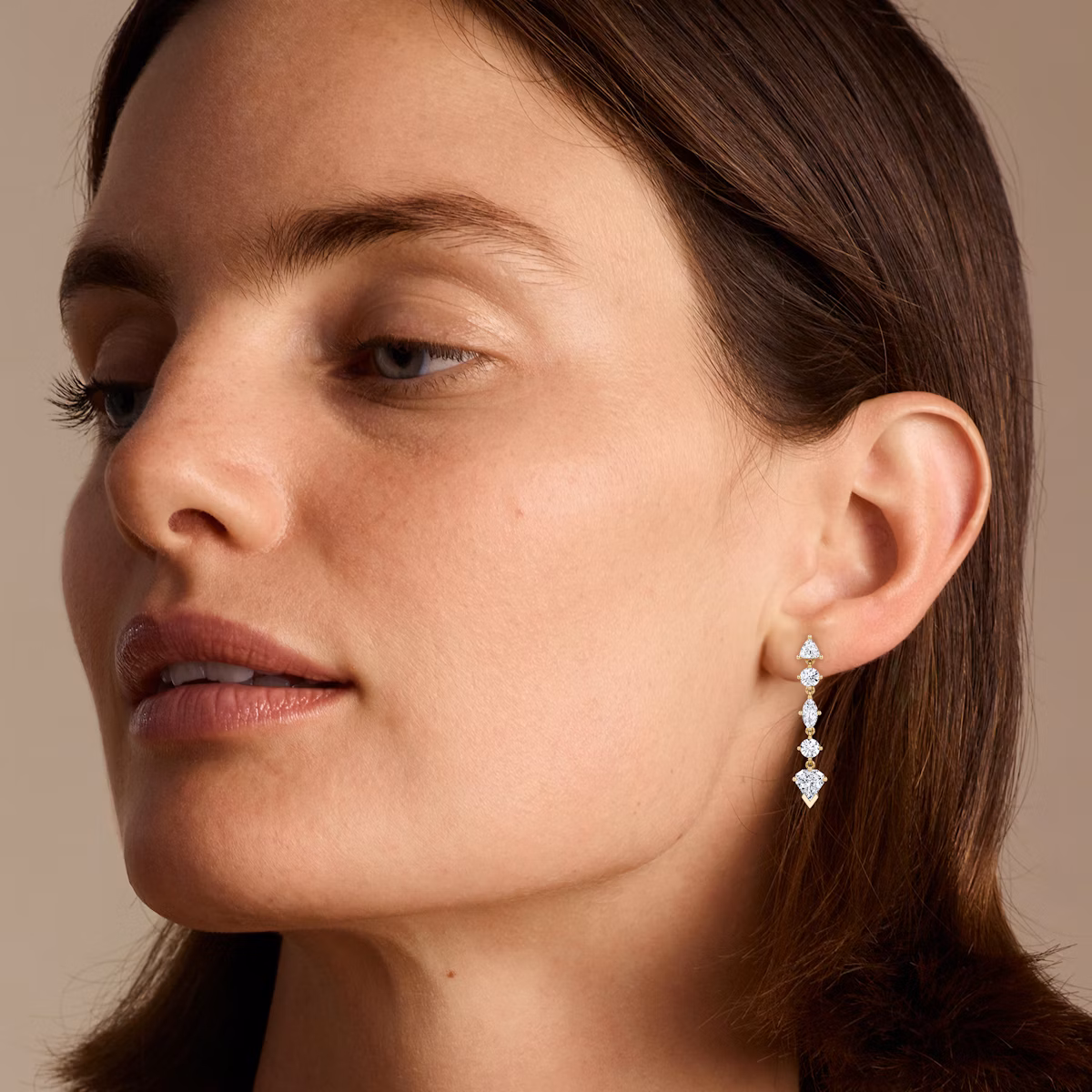 V Mixed Drop Shield Earring | Trillion and Round Brilliant and Marquise and Shield | 14k | Yellow Gold