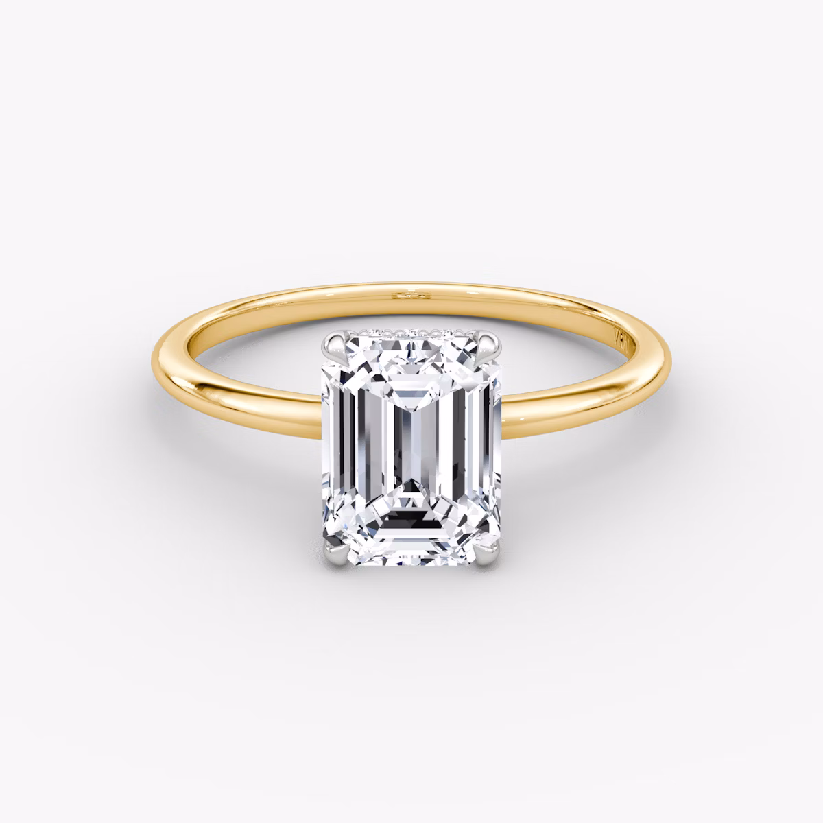 The Signature | Emerald | 18k | Yellow Gold and Platinum | bandAccent: Plain | bandWidth: standard | hiddenHalo: yes | diamondOrientation: vertical | caratWeight: other