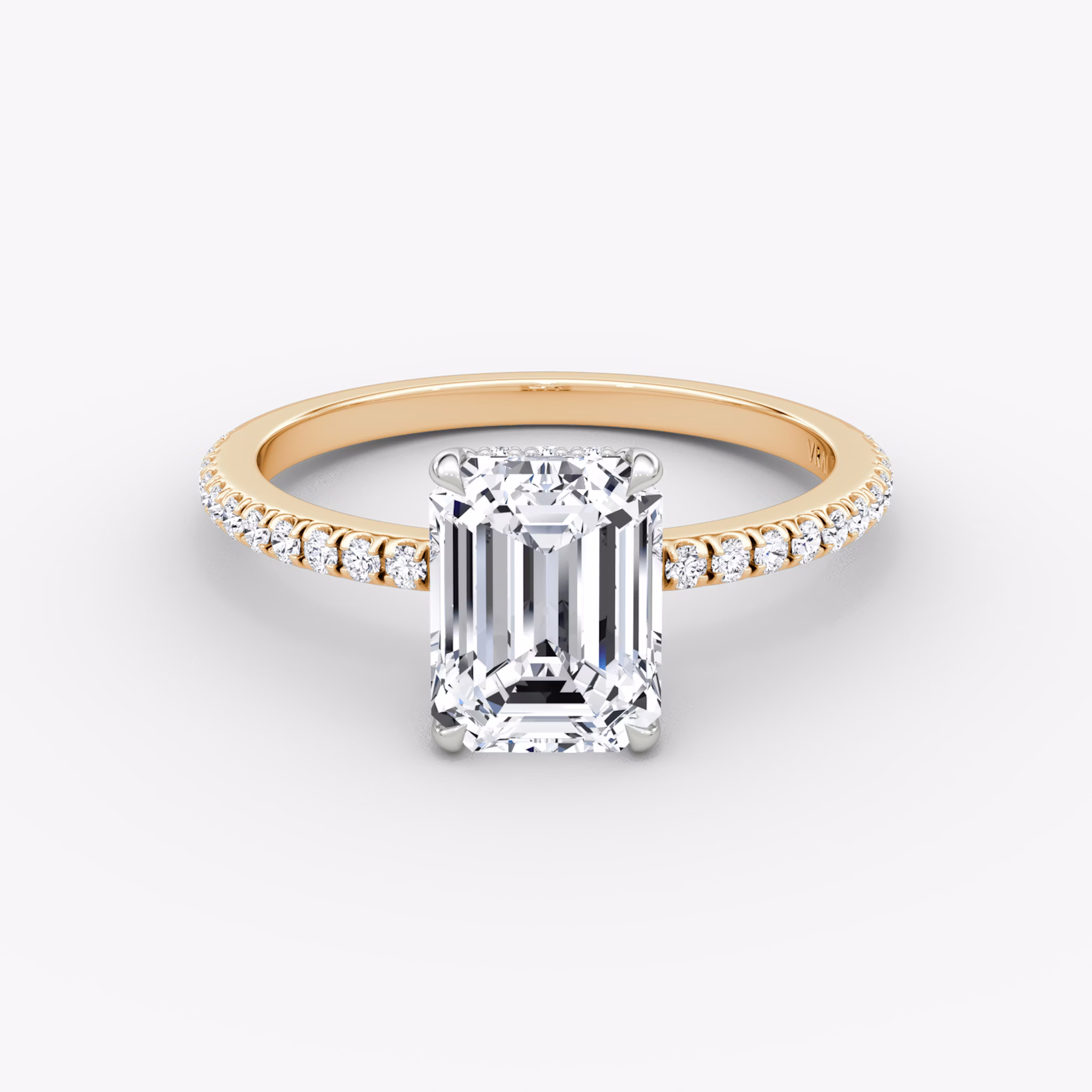 The Signature | Emerald | 14k | Rose Gold and Platinum | bandAccent: Pavé | bandWidth: standard | hiddenHalo: yes | diamondOrientation: vertical | caratWeight: other