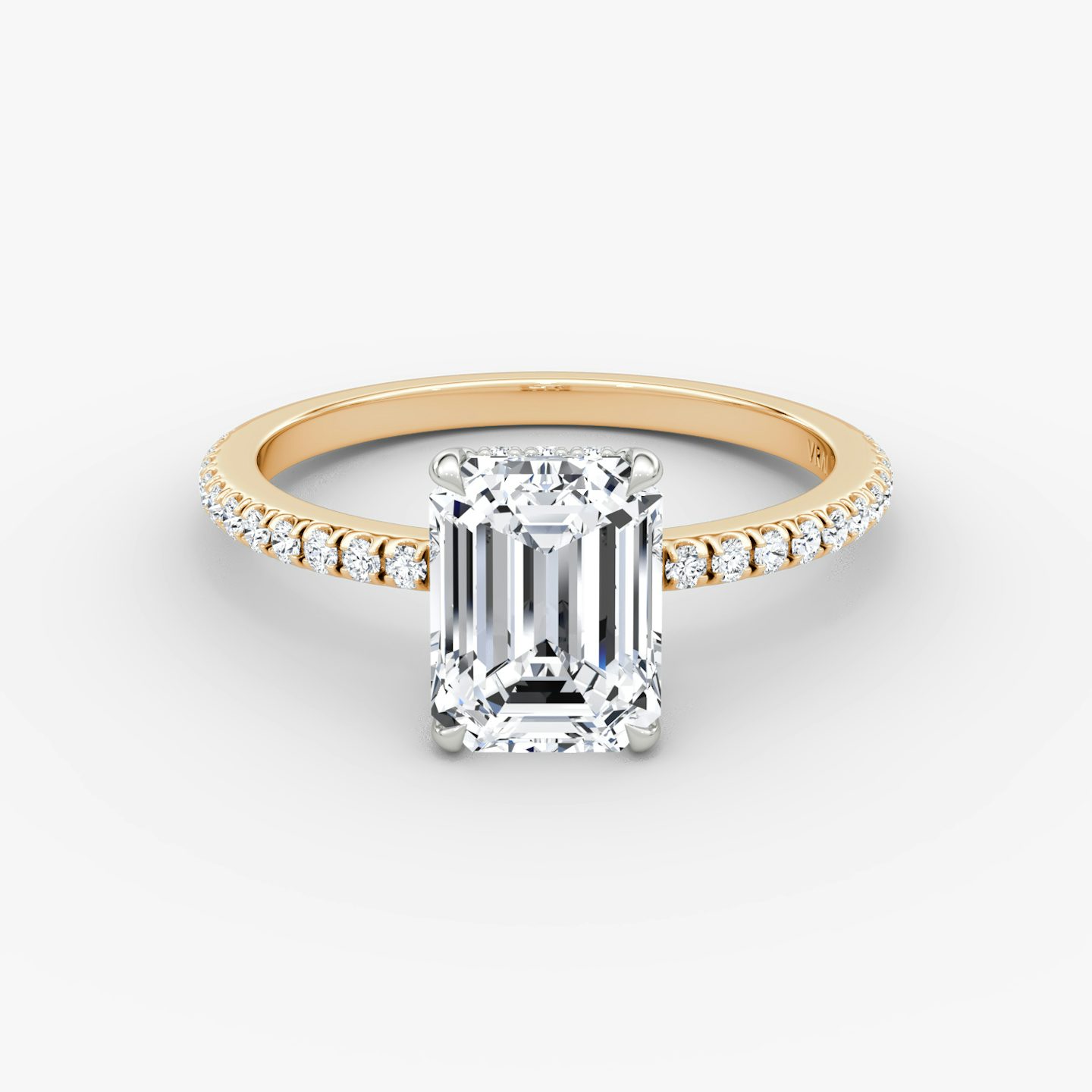 The Signature | Emerald | 14k | Rose Gold and Platinum | bandAccent: Pavé | bandWidth: standard | hiddenHalo: yes | diamondOrientation: vertical | caratWeight: other