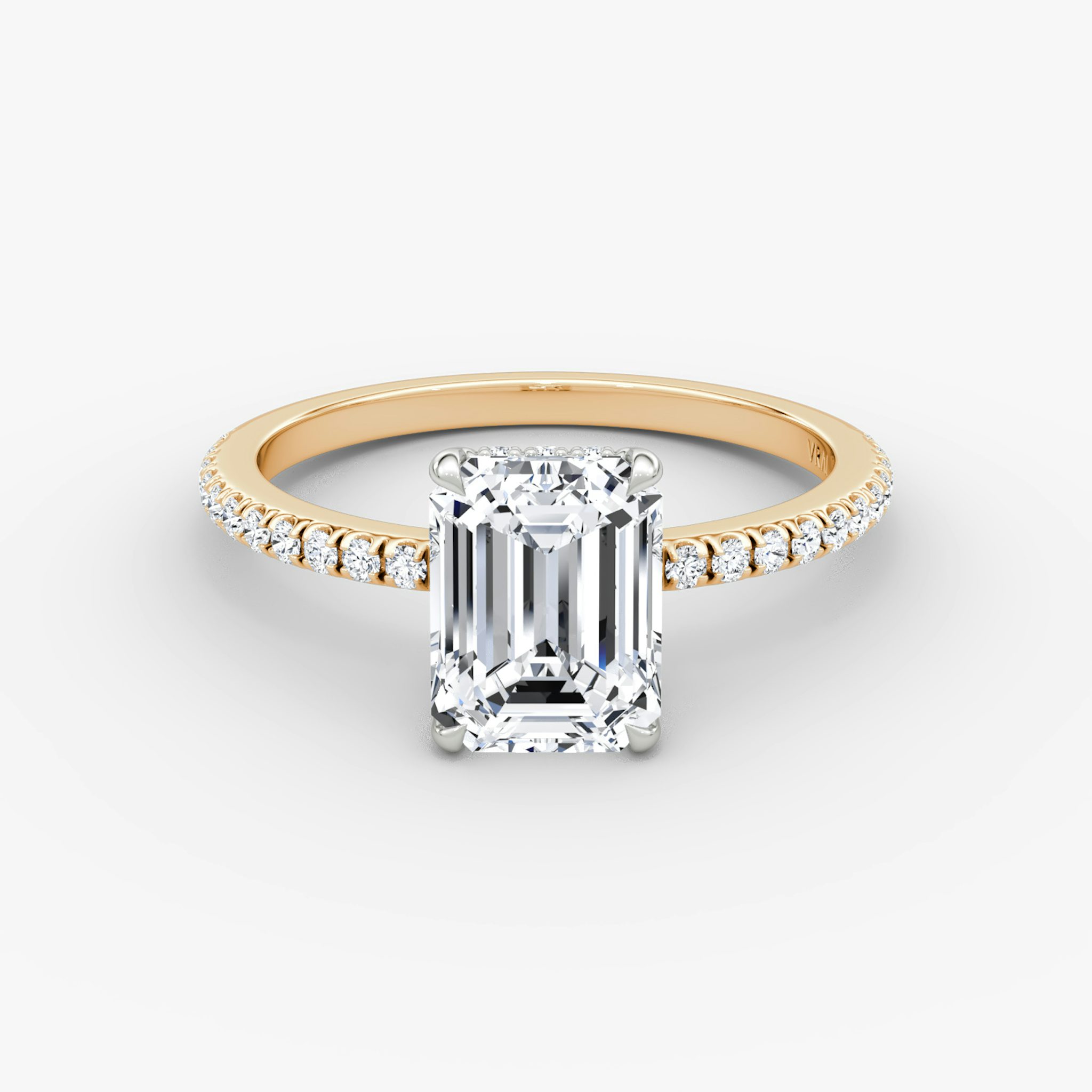 The Signature | Emerald | 14k | Rose Gold and Platinum | bandAccent: Pavé | bandWidth: standard | hiddenHalo: yes | diamondOrientation: vertical | caratWeight: other