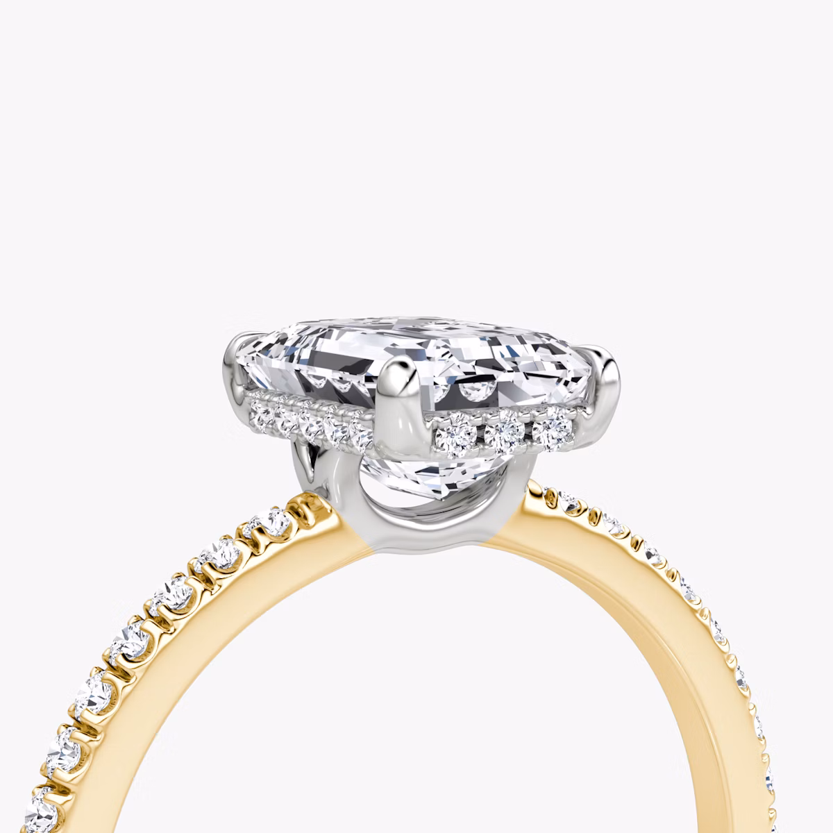 The Signature | Emerald | 18k | Yellow Gold and Platinum | bandAccent: Pavé | bandWidth: standard | hiddenHalo: yes | diamondOrientation: vertical | caratWeight: other