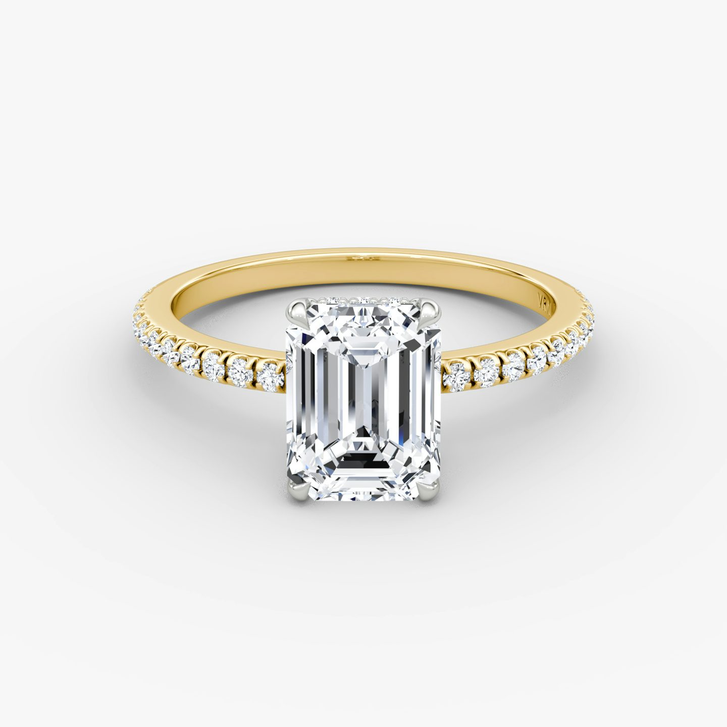 The Signature | Emerald | 18k | Yellow Gold and Platinum | bandAccent: Pavé | bandWidth: standard | hiddenHalo: yes | diamondOrientation: vertical | caratWeight: other
