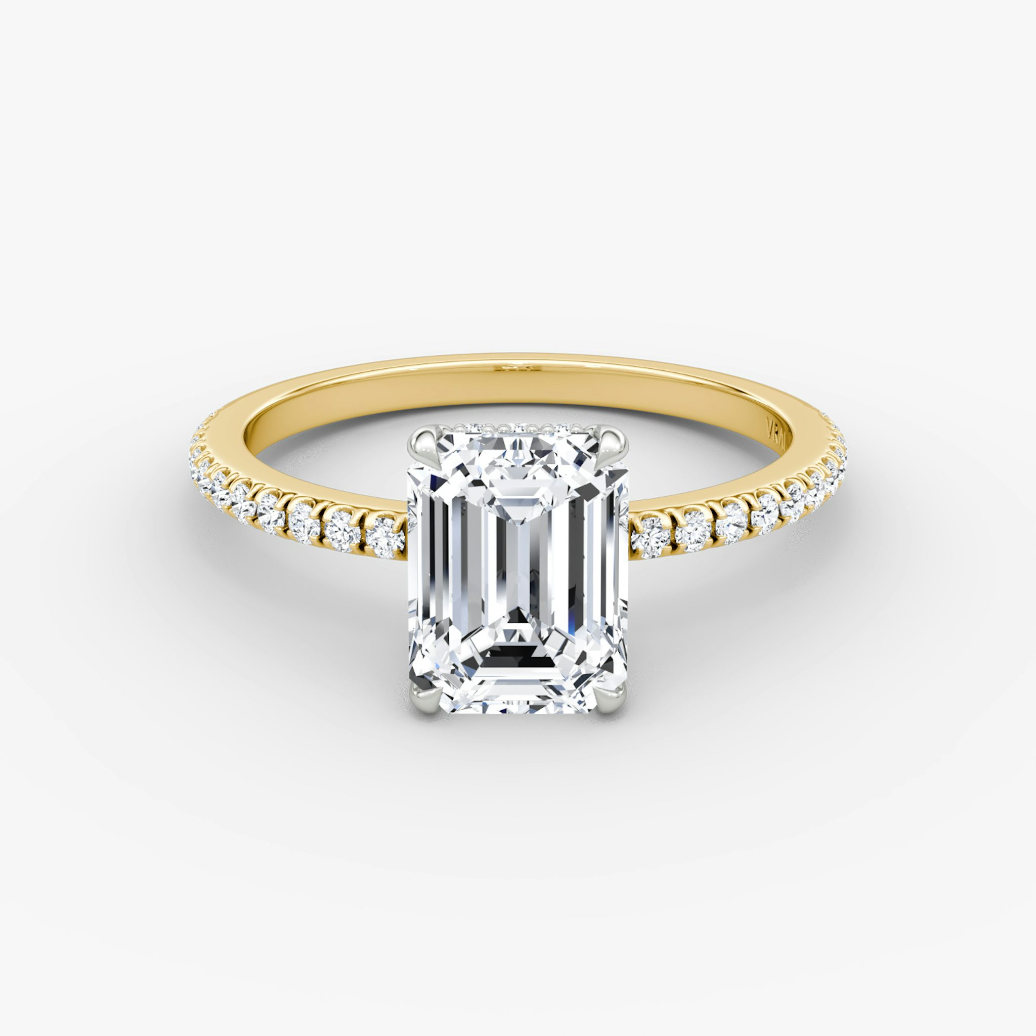The Signature | Emerald | 18k | Yellow Gold and Platinum | bandAccent: Pavé | bandWidth: standard | hiddenHalo: yes | diamondOrientation: vertical | caratWeight: other