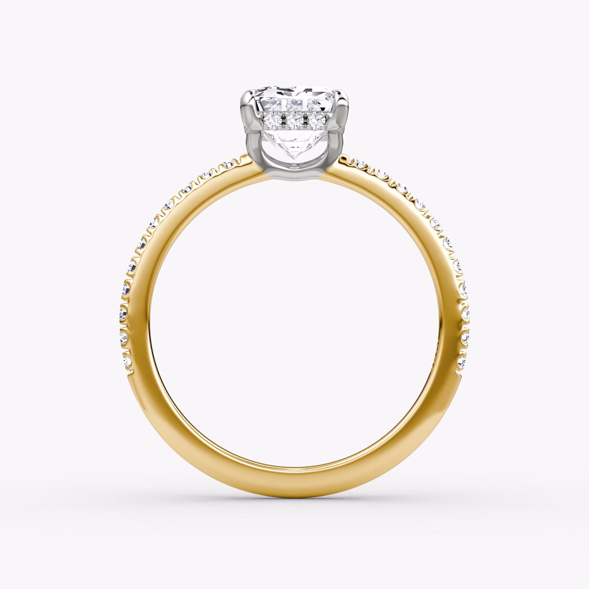 The Signature | Emerald | 18k | Yellow Gold and Platinum | bandAccent: Pavé | bandWidth: standard | hiddenHalo: yes | diamondOrientation: vertical | caratWeight: other