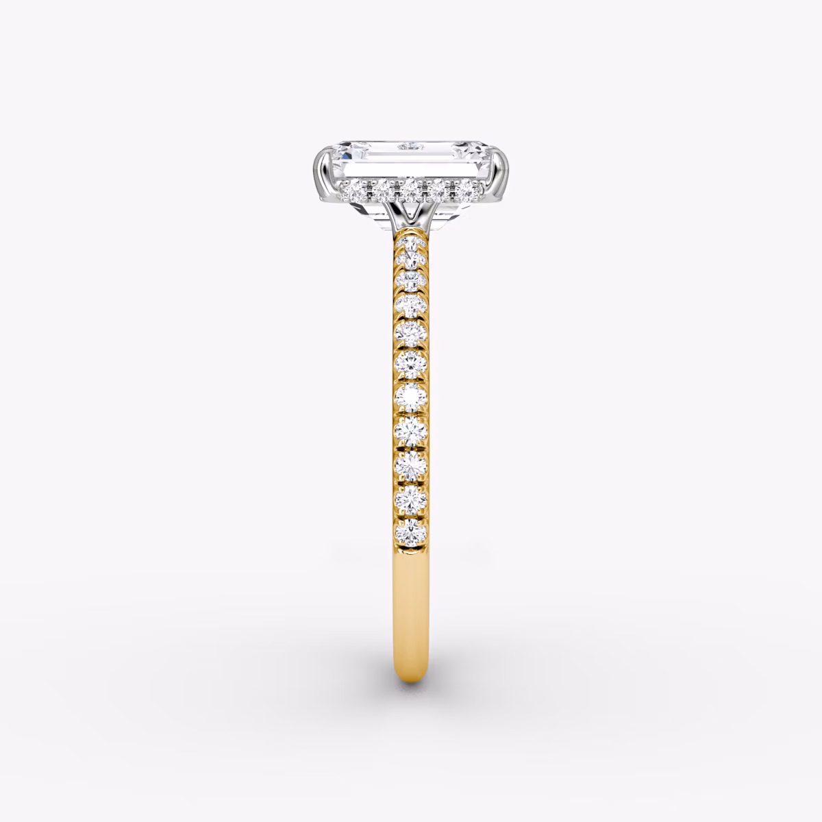 The Signature | Emerald | 18k | Yellow Gold and Platinum | bandAccent: Pavé | bandWidth: standard | hiddenHalo: yes | diamondOrientation: vertical | caratWeight: other