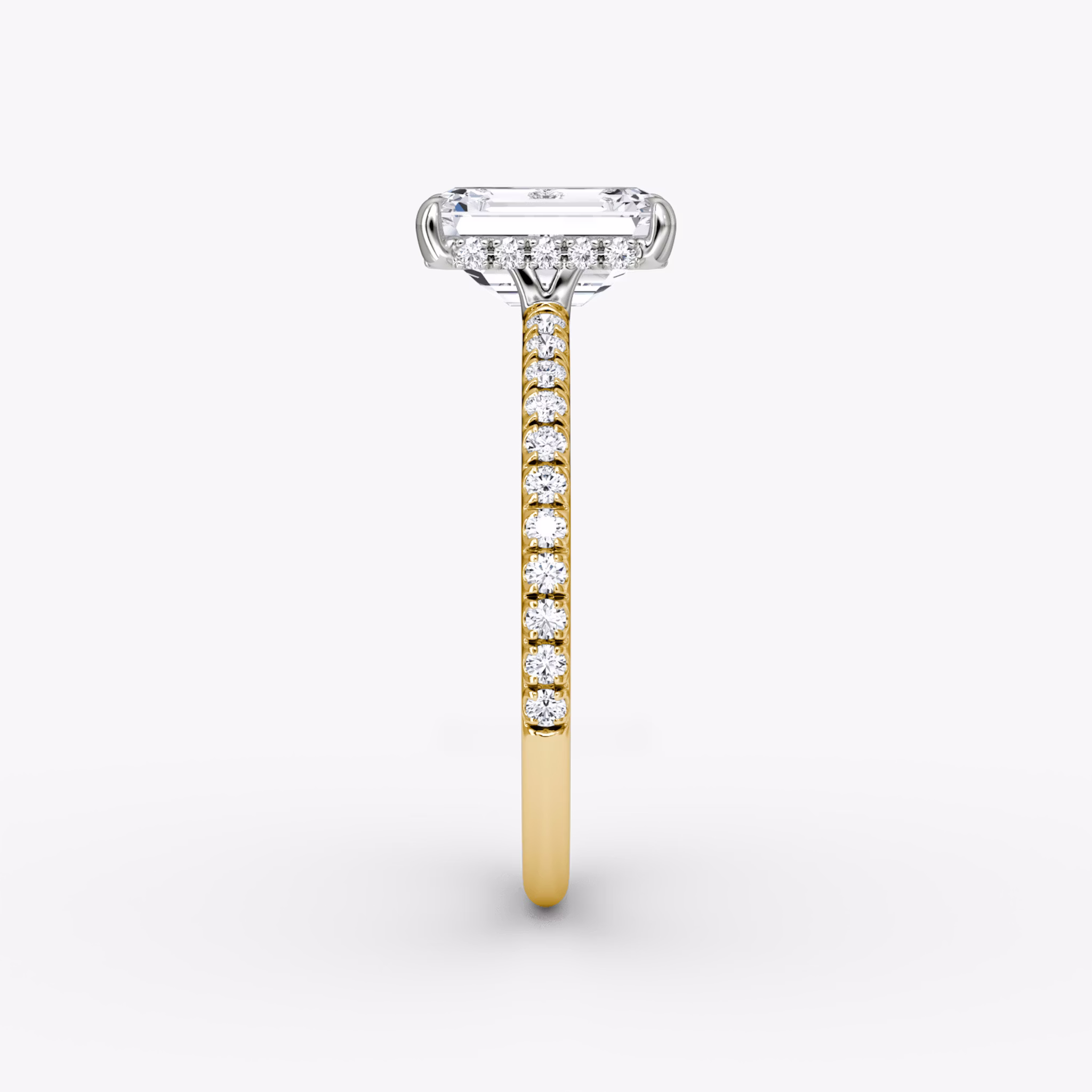 The Signature | Emerald | 18k | Yellow Gold and Platinum | bandAccent: Pavé | bandWidth: standard | hiddenHalo: yes | diamondOrientation: vertical | caratWeight: other