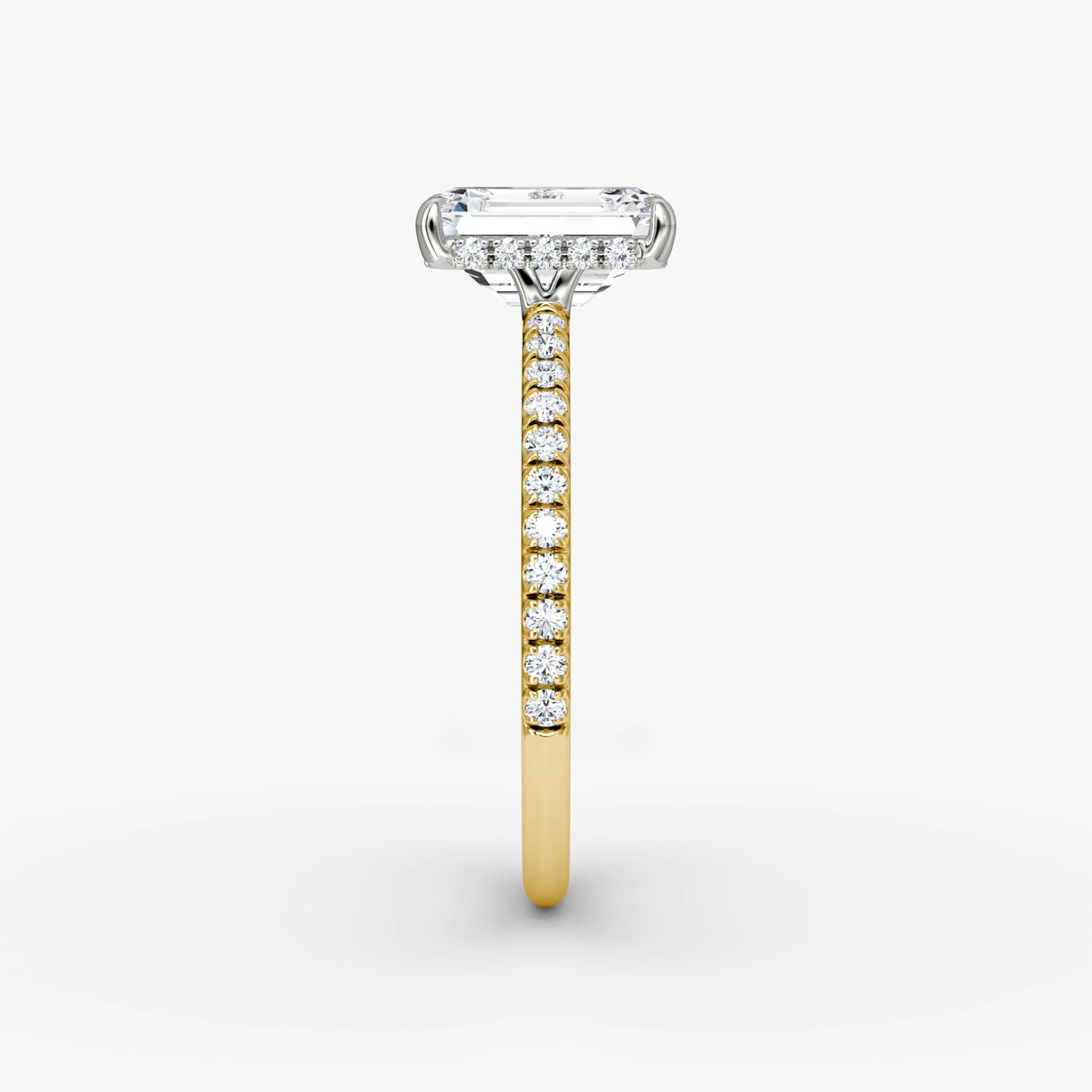The Signature | Emerald | 18k | Yellow Gold and Platinum | bandAccent: Pavé | bandWidth: standard | hiddenHalo: yes | diamondOrientation: vertical | caratWeight: other