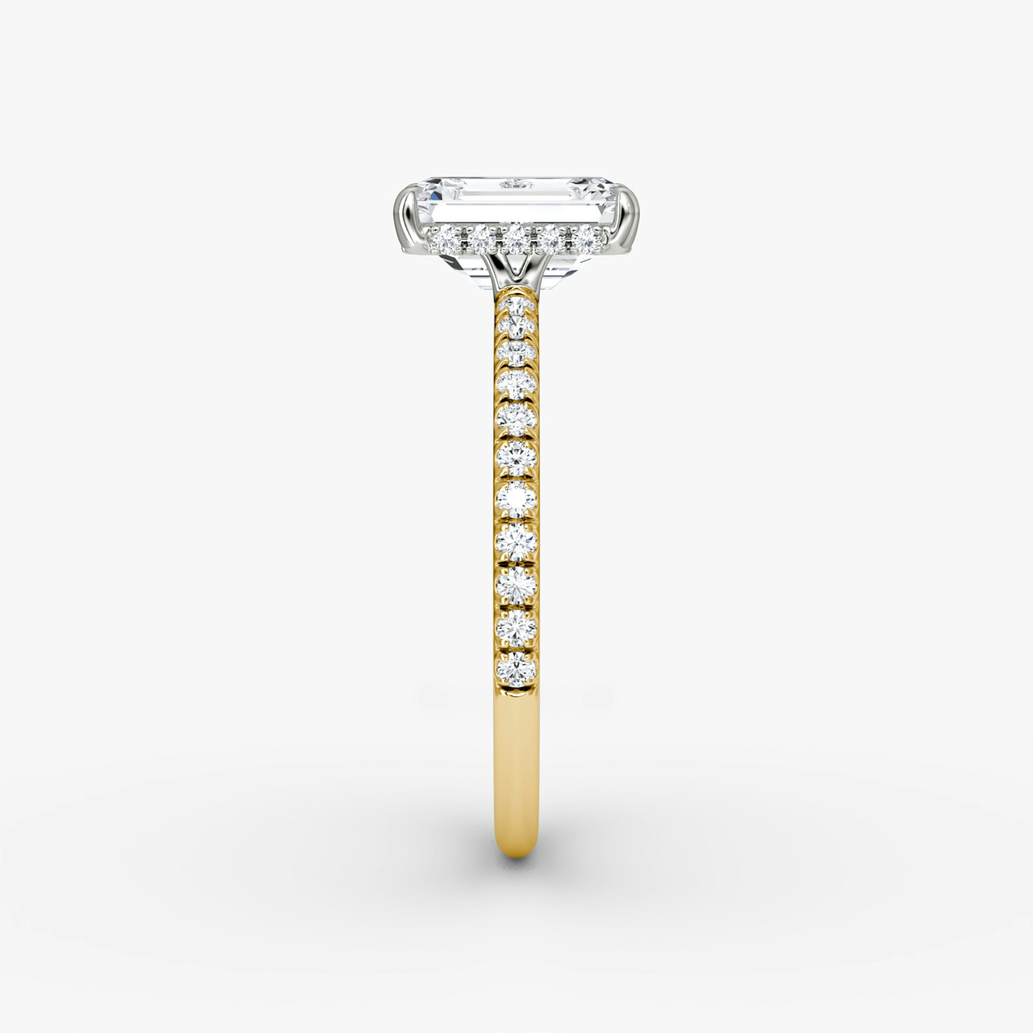 The Signature | Emerald | 18k | Yellow Gold and Platinum | bandAccent: Pavé | bandWidth: standard | hiddenHalo: yes | diamondOrientation: vertical | caratWeight: other