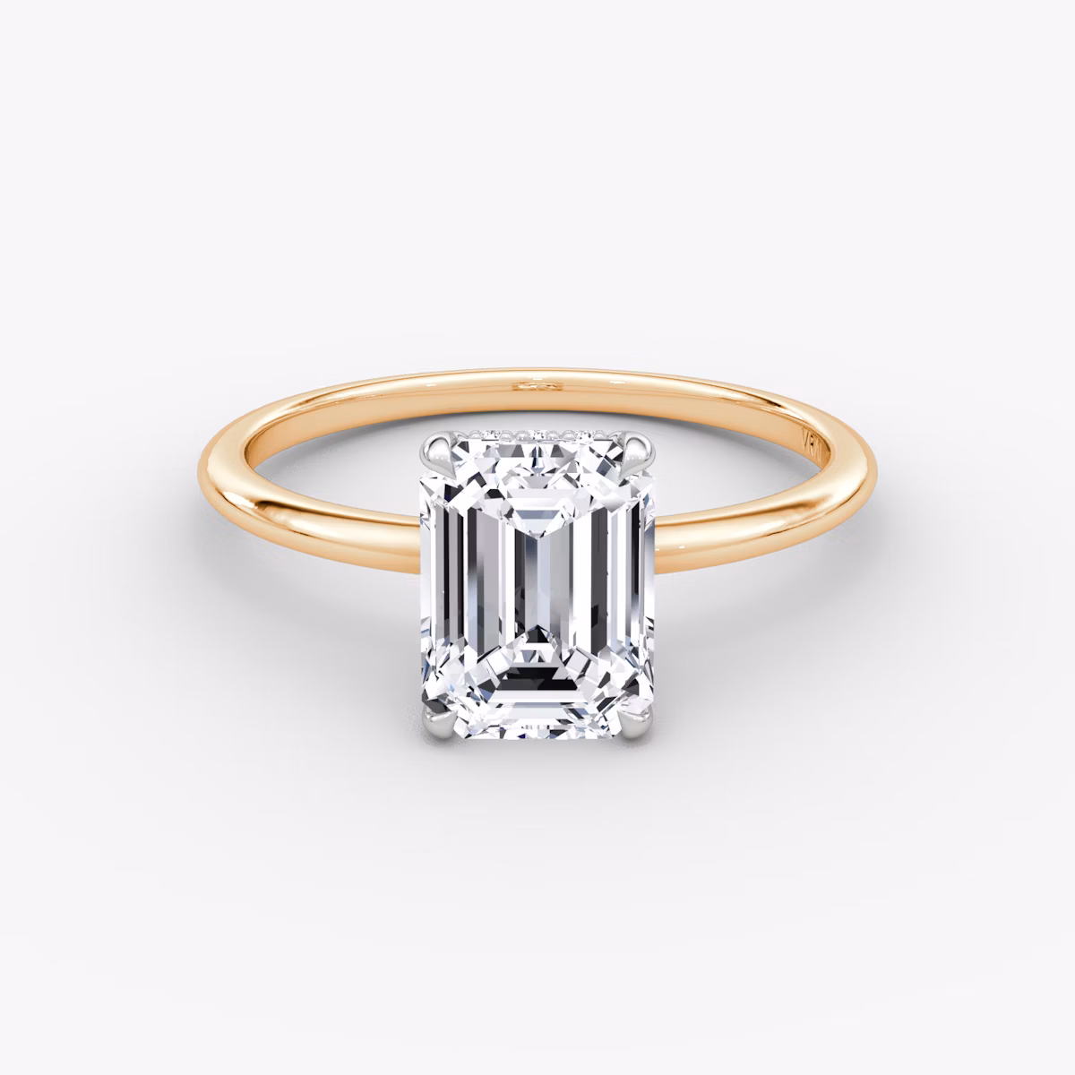 The Signature | Emerald | 14k | Rose Gold and Platinum | bandAccent: Plain | bandWidth: standard | hiddenHalo: yes | diamondOrientation: vertical | caratWeight: other
