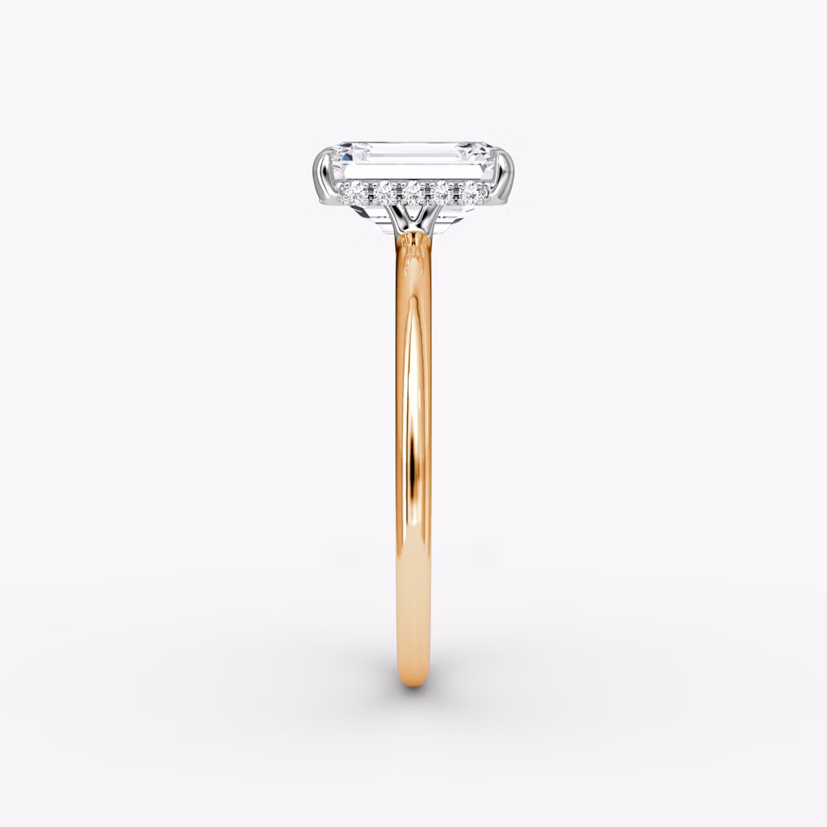 The Signature | Emerald | 14k | Rose Gold and Platinum | bandAccent: Plain | bandWidth: standard | hiddenHalo: yes | diamondOrientation: vertical | caratWeight: other