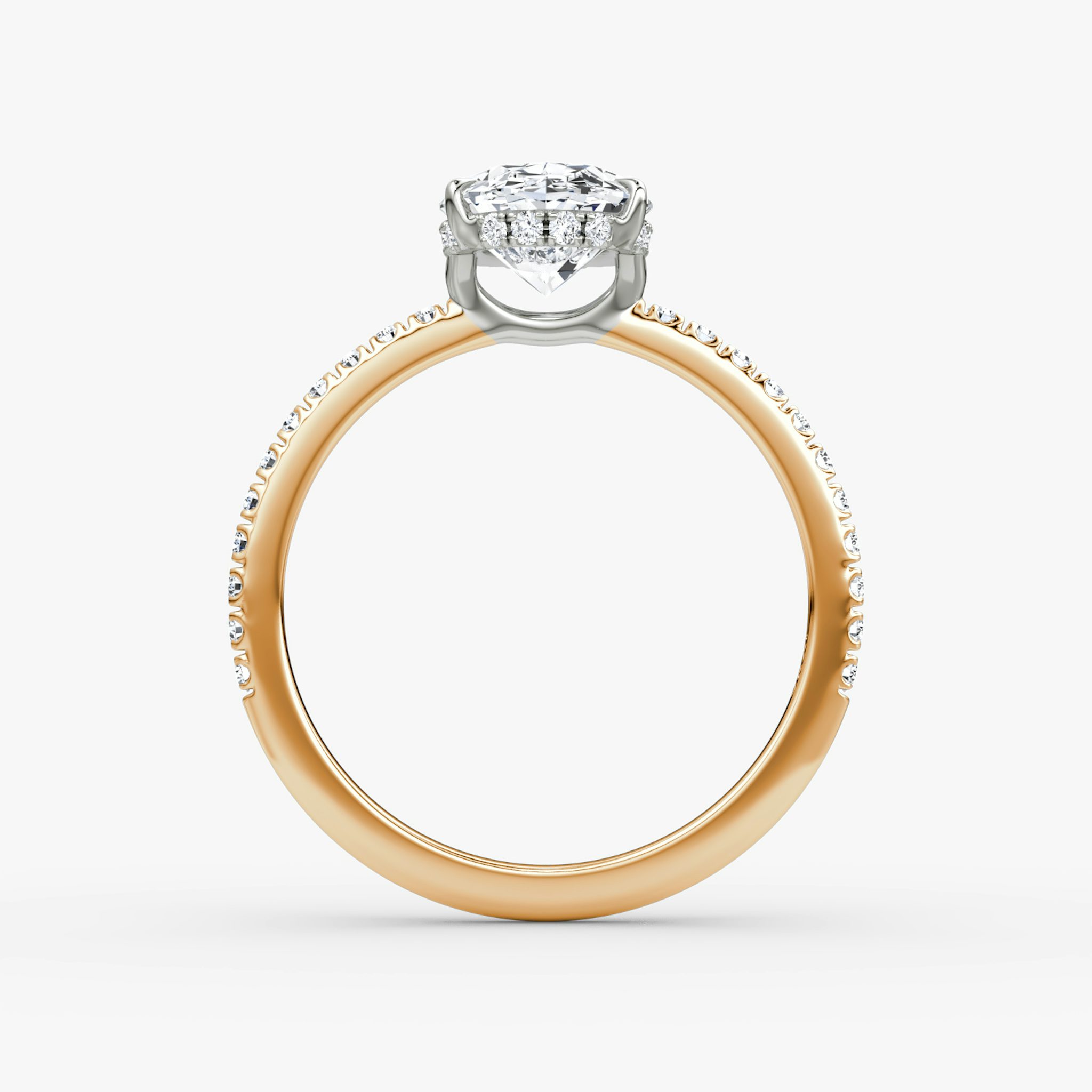 The Signature | Oval | 14k | Rose Gold and Platinum | bandAccent: Pavé | bandWidth: standard | hiddenHalo: yes | diamondOrientation: vertical | caratWeight: other