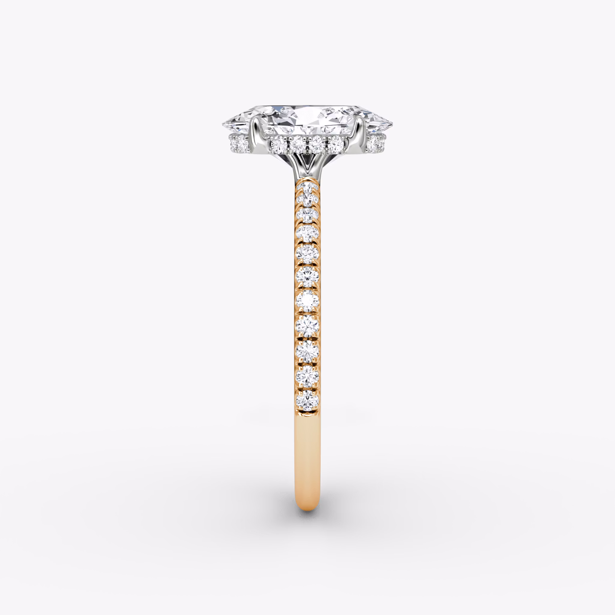 The Signature | Oval | 14k | Rose Gold and Platinum | bandAccent: Pavé | bandWidth: standard | hiddenHalo: yes | diamondOrientation: vertical | caratWeight: other