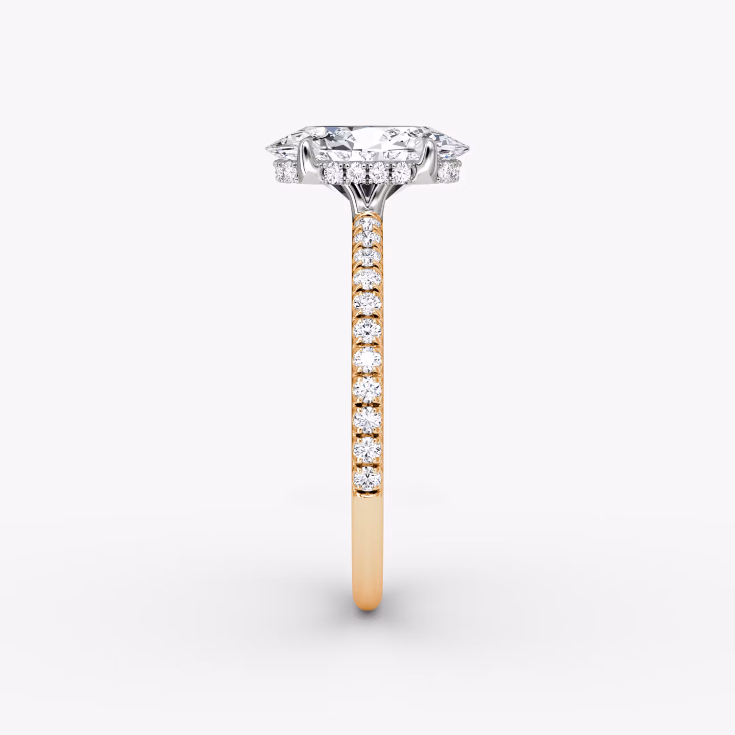The Signature | Oval | 14k | Rose Gold and Platinum | bandAccent: Pavé | bandWidth: standard | hiddenHalo: yes | diamondOrientation: vertical | caratWeight: other