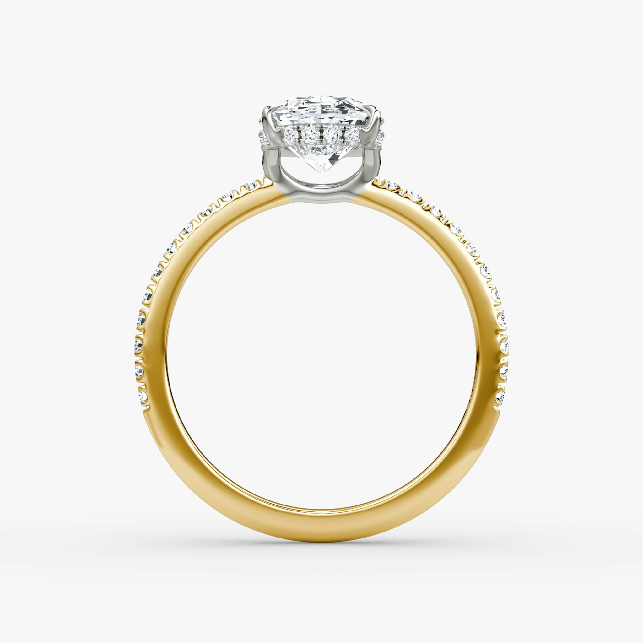 The Signature | Oval | 18k | Yellow Gold and Platinum | bandAccent: Pavé | bandWidth: standard | hiddenHalo: yes | diamondOrientation: vertical | caratWeight: other