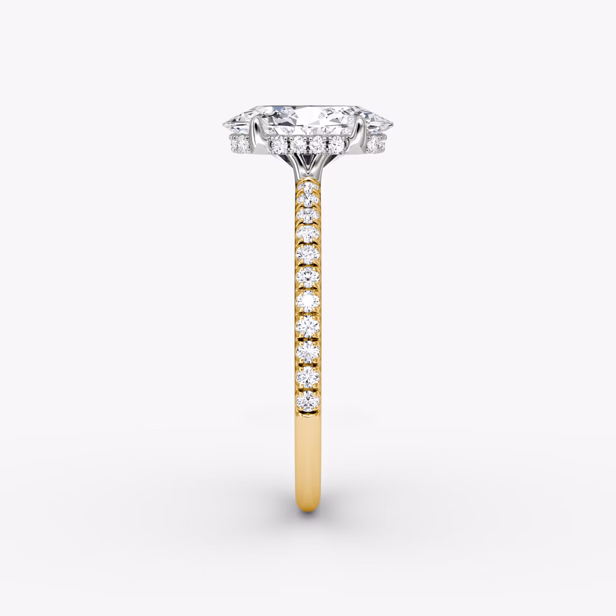 The Signature | Oval | 18k | Yellow Gold and Platinum | bandAccent: Pavé | bandWidth: standard | hiddenHalo: yes | diamondOrientation: vertical | caratWeight: other