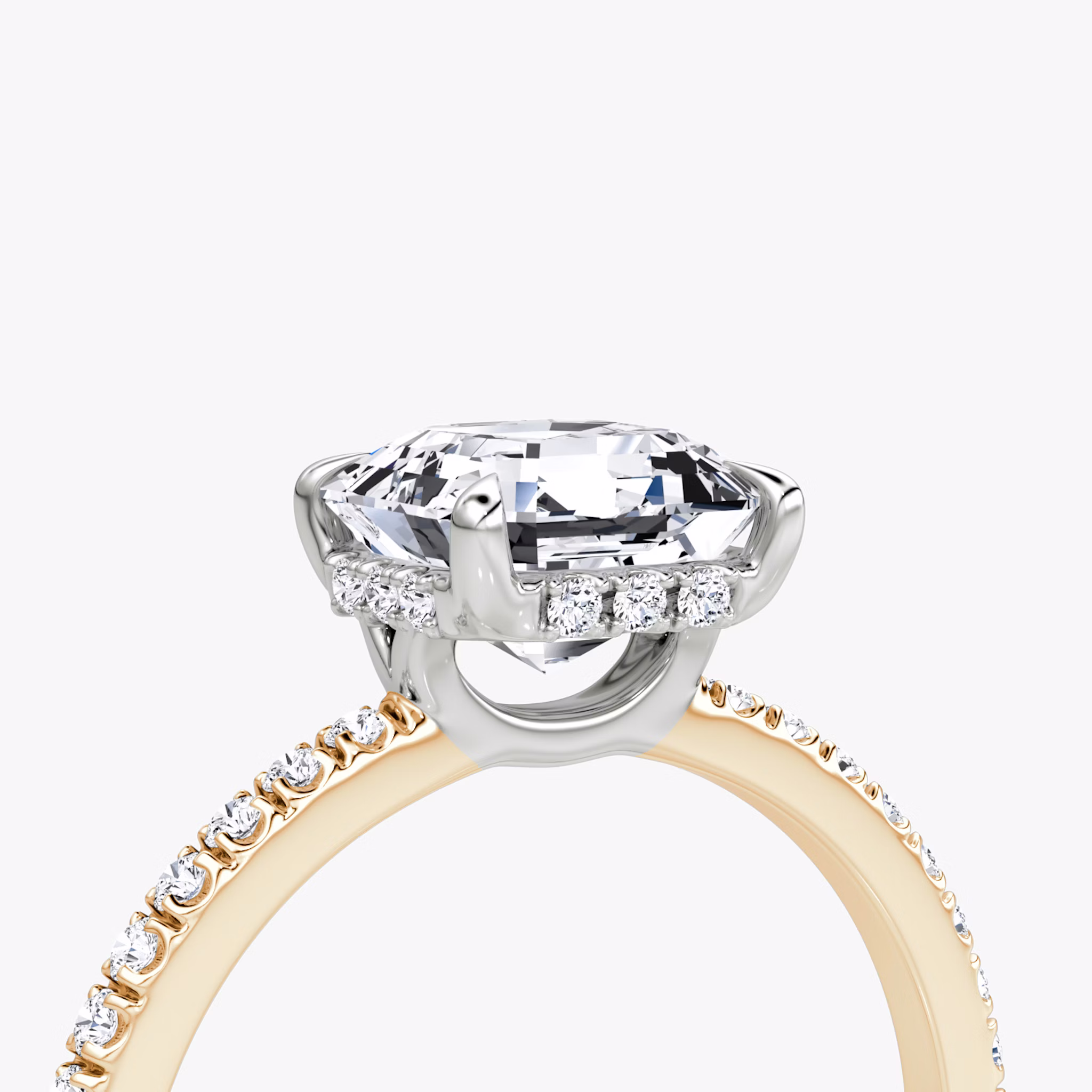 The Signature | Asscher | 14k | Rose Gold and Platinum | bandAccent: Pavé | bandWidth: standard | hiddenHalo: yes | diamondOrientation: vertical | caratWeight: other