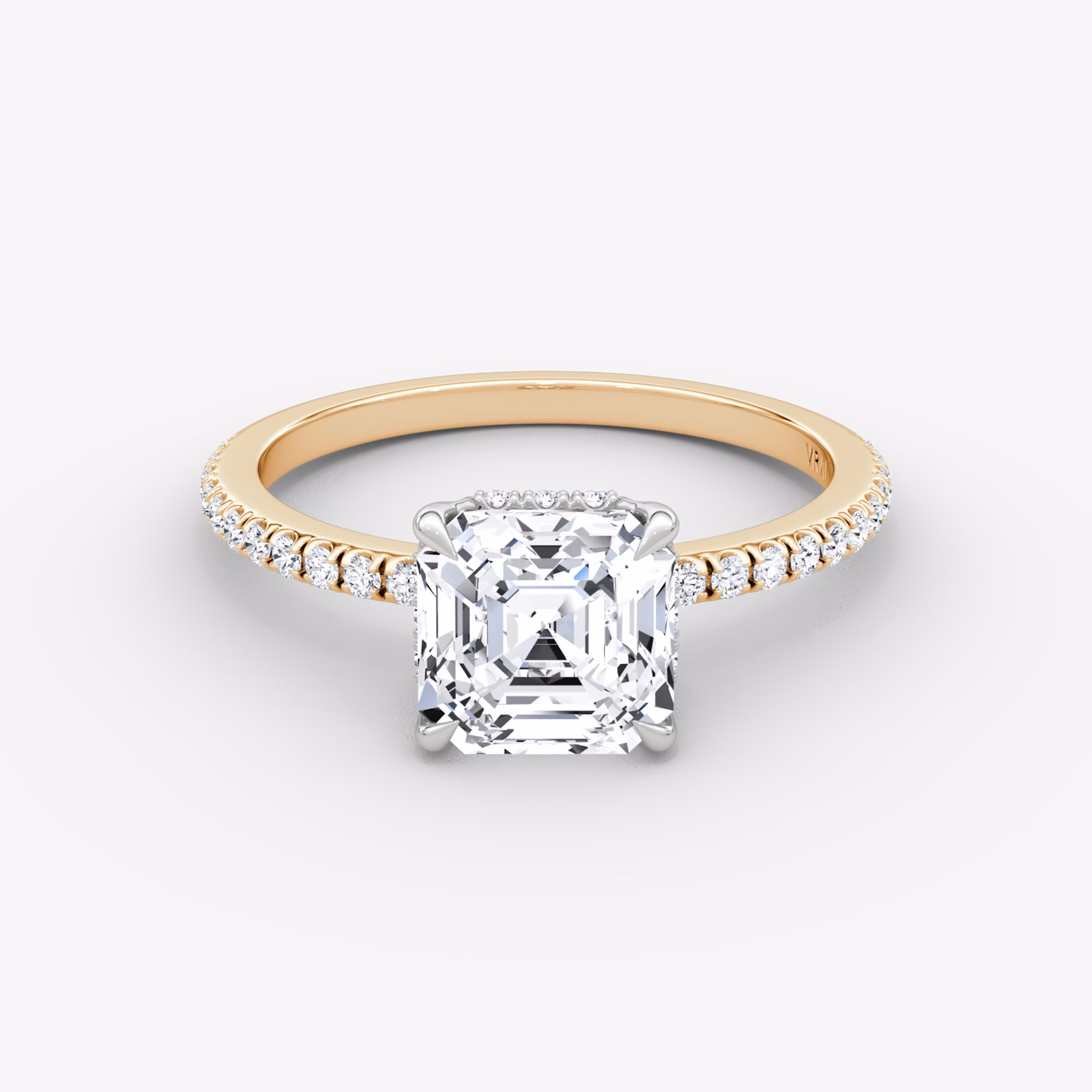 The Signature | Asscher | 14k | Rose Gold and Platinum | bandAccent: Pavé | bandWidth: standard | hiddenHalo: yes | diamondOrientation: vertical | caratWeight: other