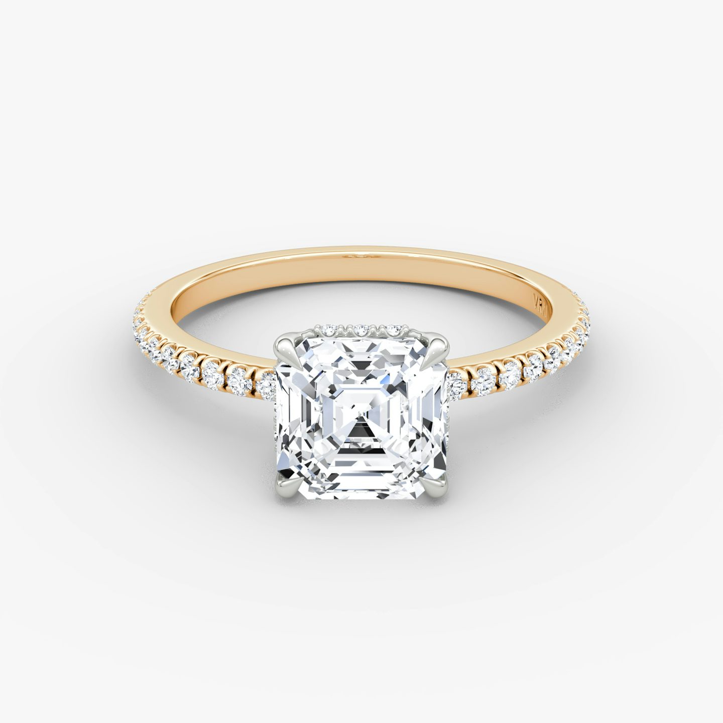 The Signature | Asscher | 14k | Rose Gold and Platinum | bandAccent: Pavé | bandWidth: standard | hiddenHalo: yes | diamondOrientation: vertical | caratWeight: other