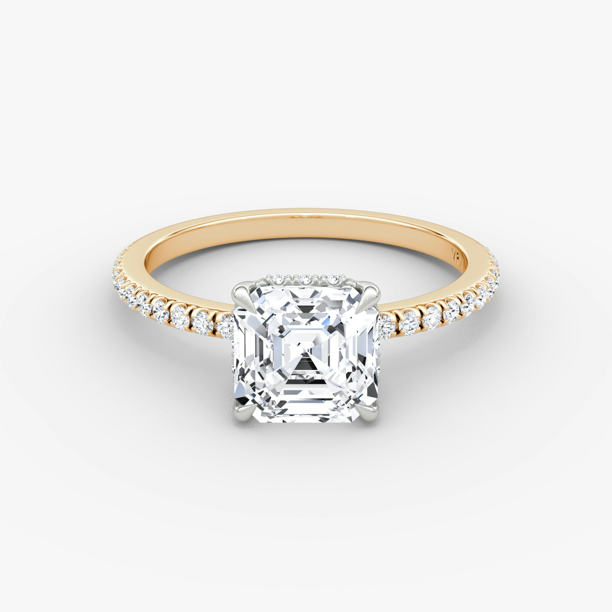 The Signature | Asscher | 14k | Rose Gold and Platinum | bandAccent: Pavé | bandWidth: standard | hiddenHalo: yes | diamondOrientation: vertical | caratWeight: other