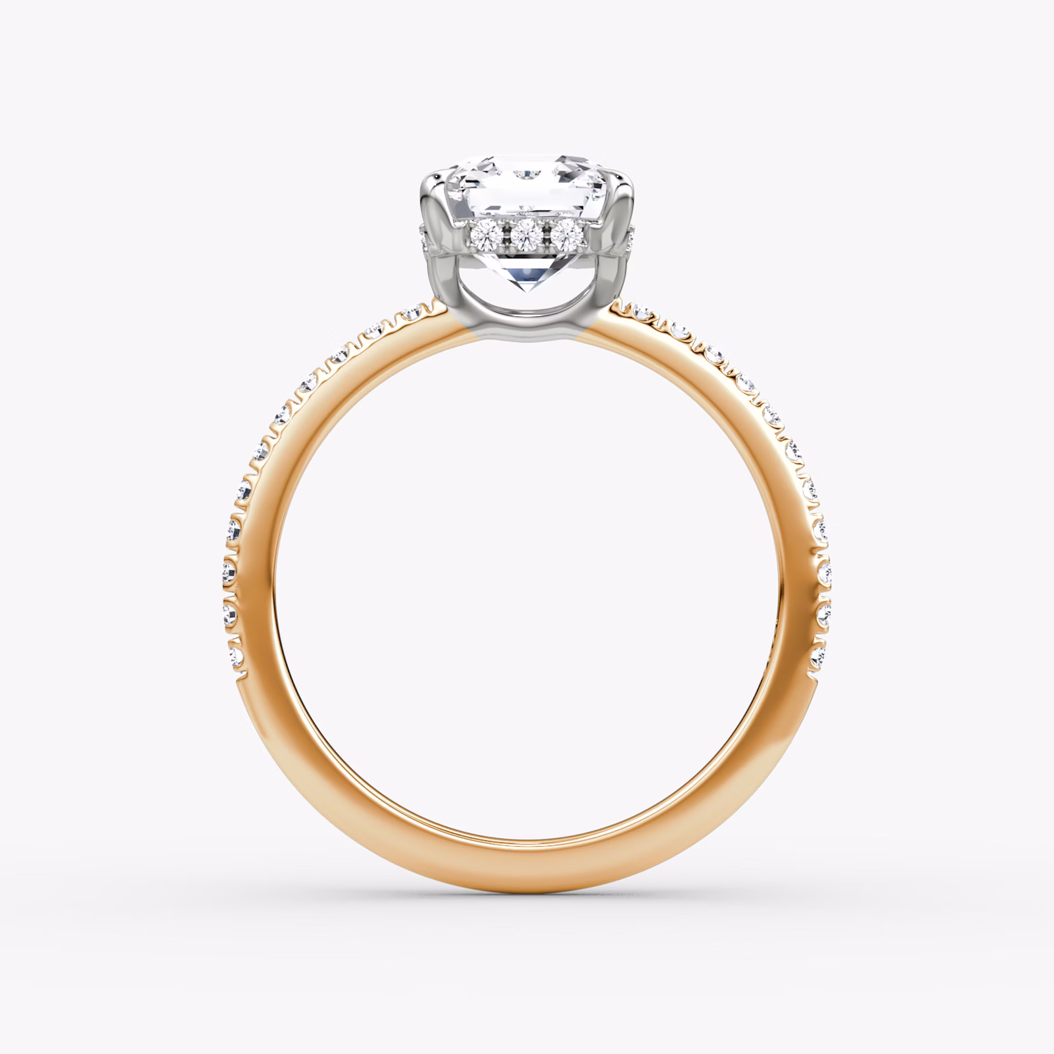 The Signature | Asscher | 14k | Rose Gold and Platinum | bandAccent: Pavé | bandWidth: standard | hiddenHalo: yes | diamondOrientation: vertical | caratWeight: other
