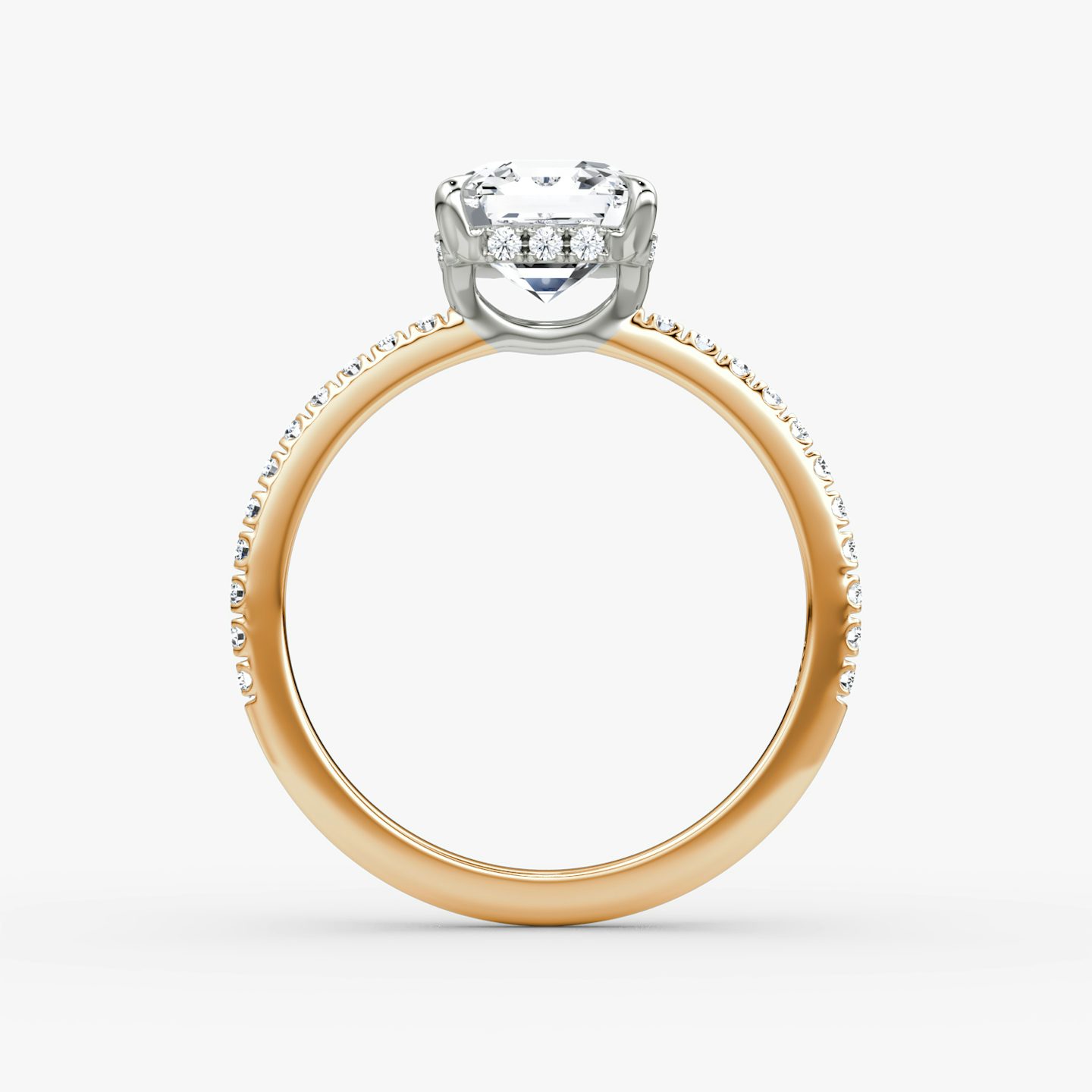 The Signature | Asscher | 14k | Rose Gold and Platinum | bandAccent: Pavé | bandWidth: standard | hiddenHalo: yes | diamondOrientation: vertical | caratWeight: other