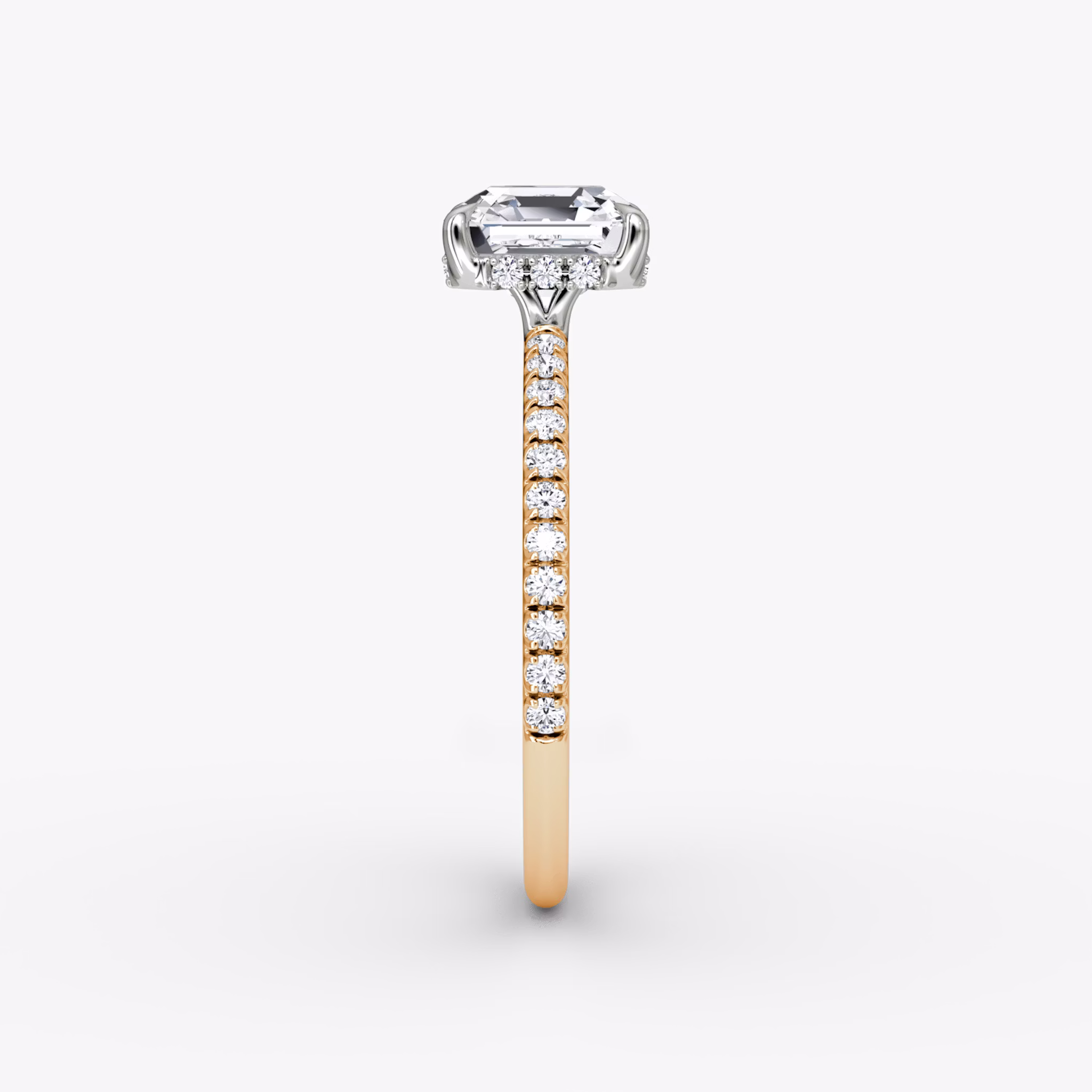 The Signature | Asscher | 14k | Rose Gold and Platinum | bandAccent: Pavé | bandWidth: standard | hiddenHalo: yes | diamondOrientation: vertical | caratWeight: other