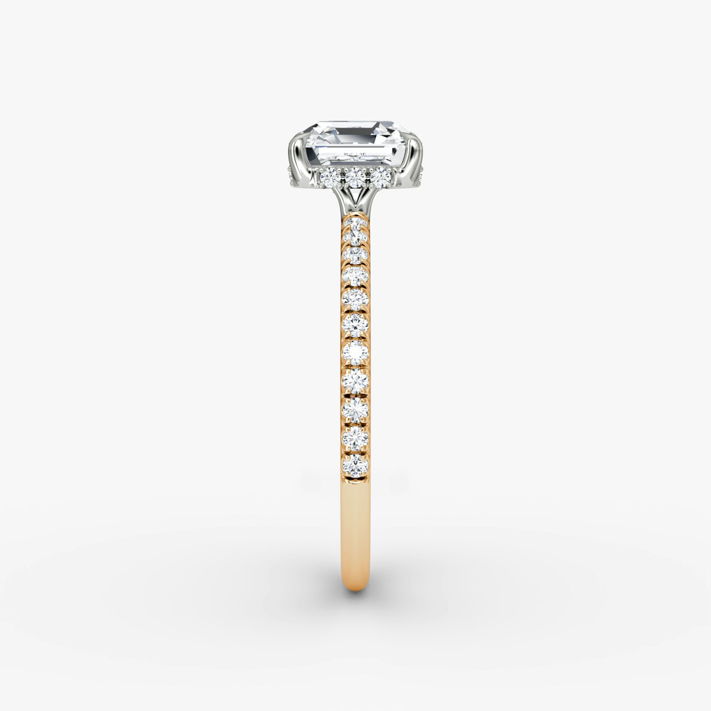 The Signature | Asscher | 14k | Rose Gold and Platinum | bandAccent: Pavé | bandWidth: standard | hiddenHalo: yes | diamondOrientation: vertical | caratWeight: other