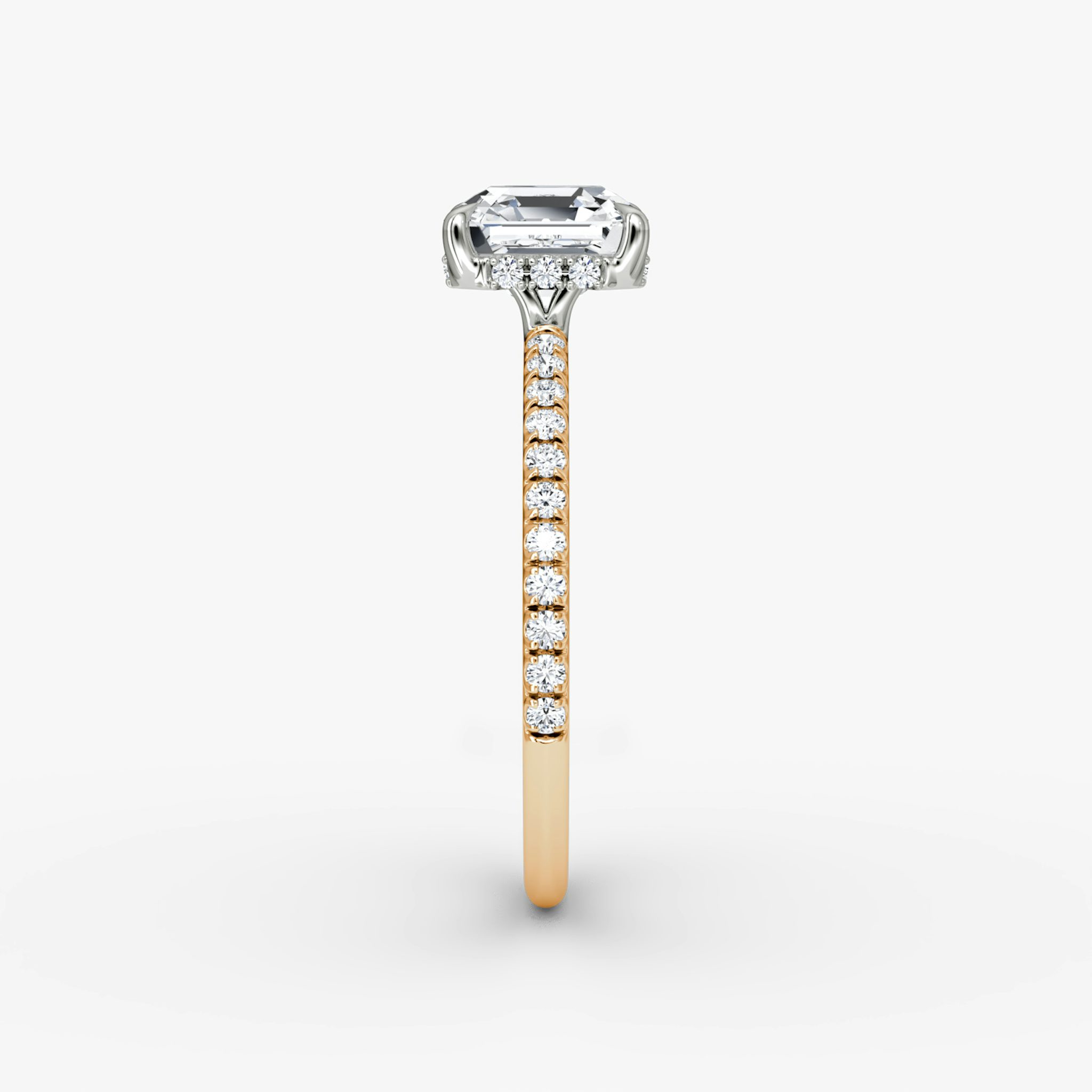 The Signature | Asscher | 14k | Rose Gold and Platinum | bandAccent: Pavé | bandWidth: standard | hiddenHalo: yes | diamondOrientation: vertical | caratWeight: other