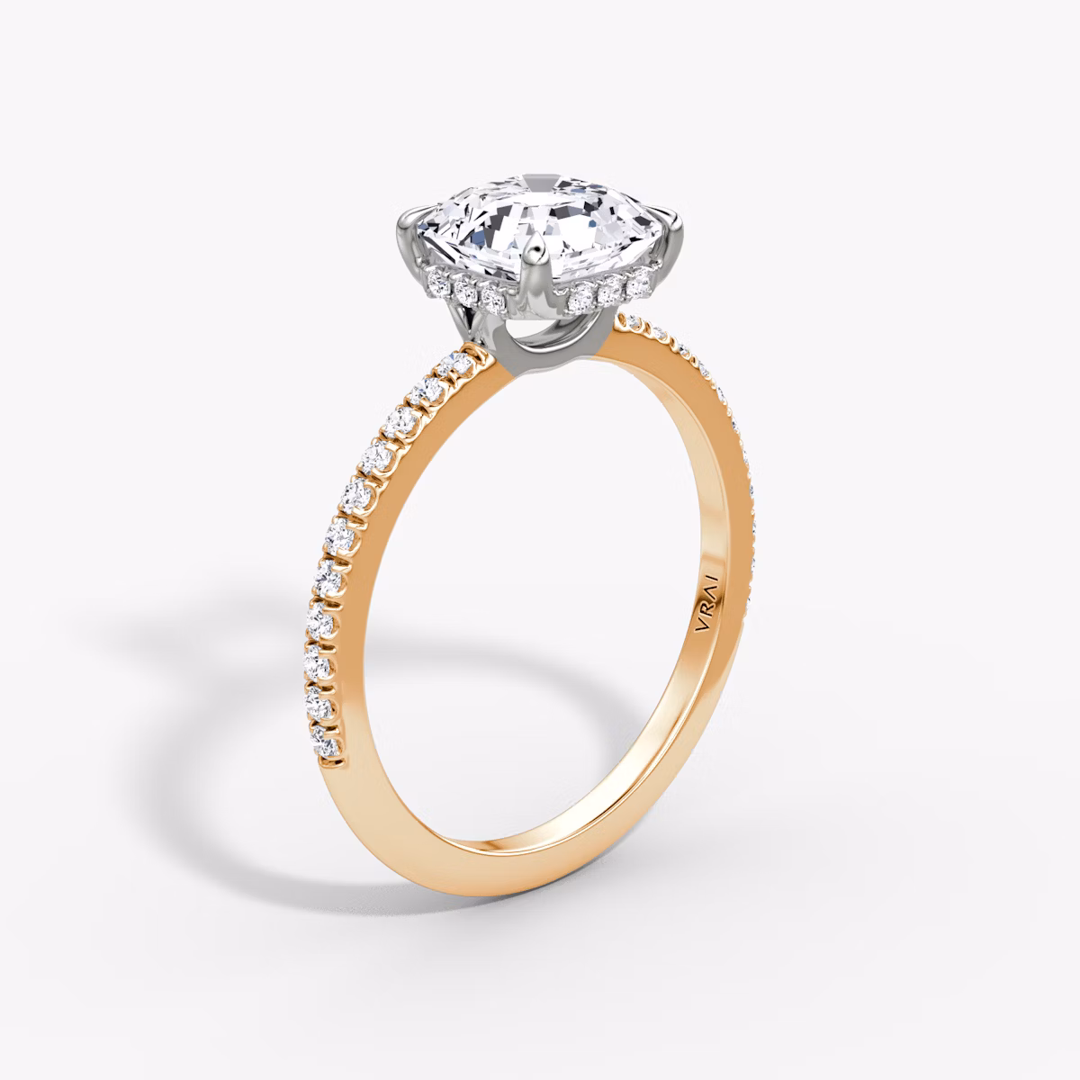 The Signature | Asscher | 14k | Rose Gold and Platinum | bandAccent: Pavé | bandWidth: standard | hiddenHalo: yes | diamondOrientation: vertical | caratWeight: other