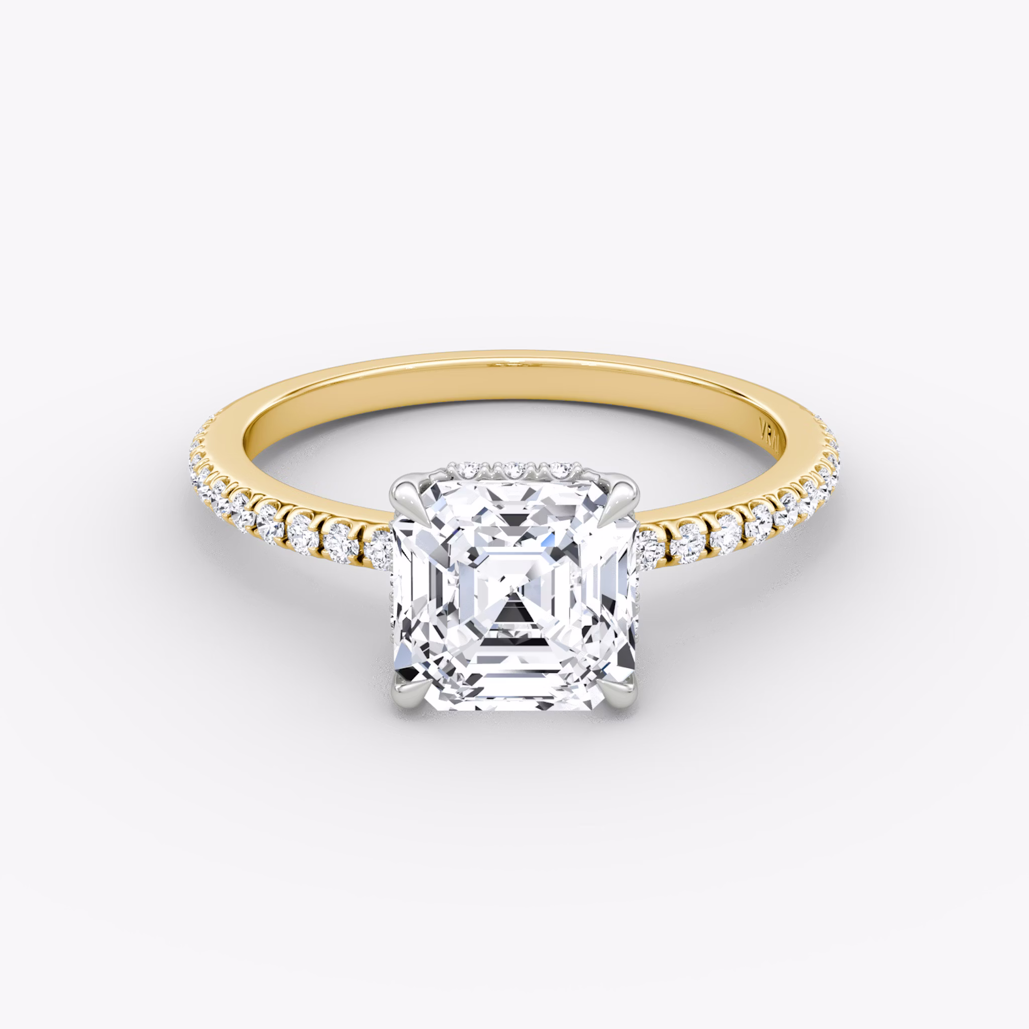 The Signature | Asscher | 18k | Yellow Gold and Platinum | bandAccent: Pavé | bandWidth: standard | hiddenHalo: yes | diamondOrientation: vertical | caratWeight: other