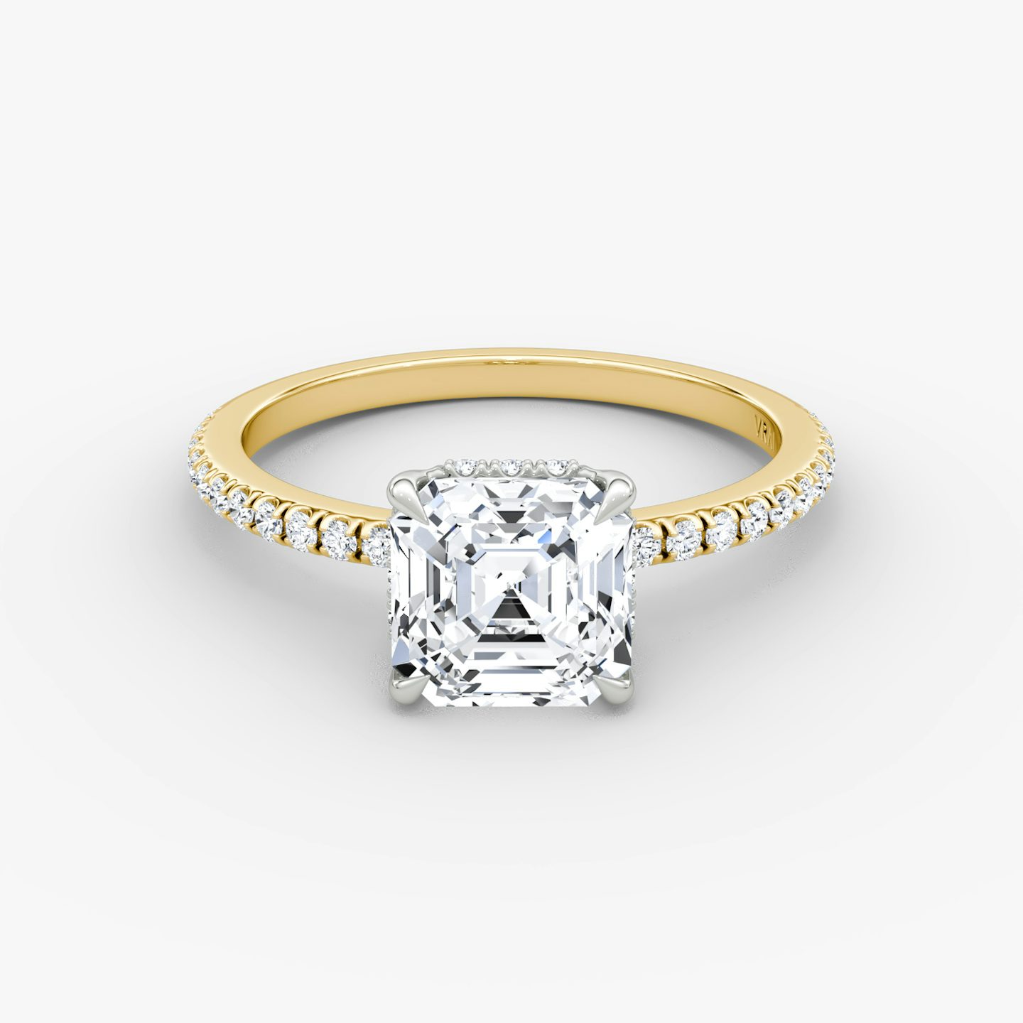 The Signature | Asscher | 18k | Yellow Gold and Platinum | bandAccent: Pavé | bandWidth: standard | hiddenHalo: yes | diamondOrientation: vertical | caratWeight: other