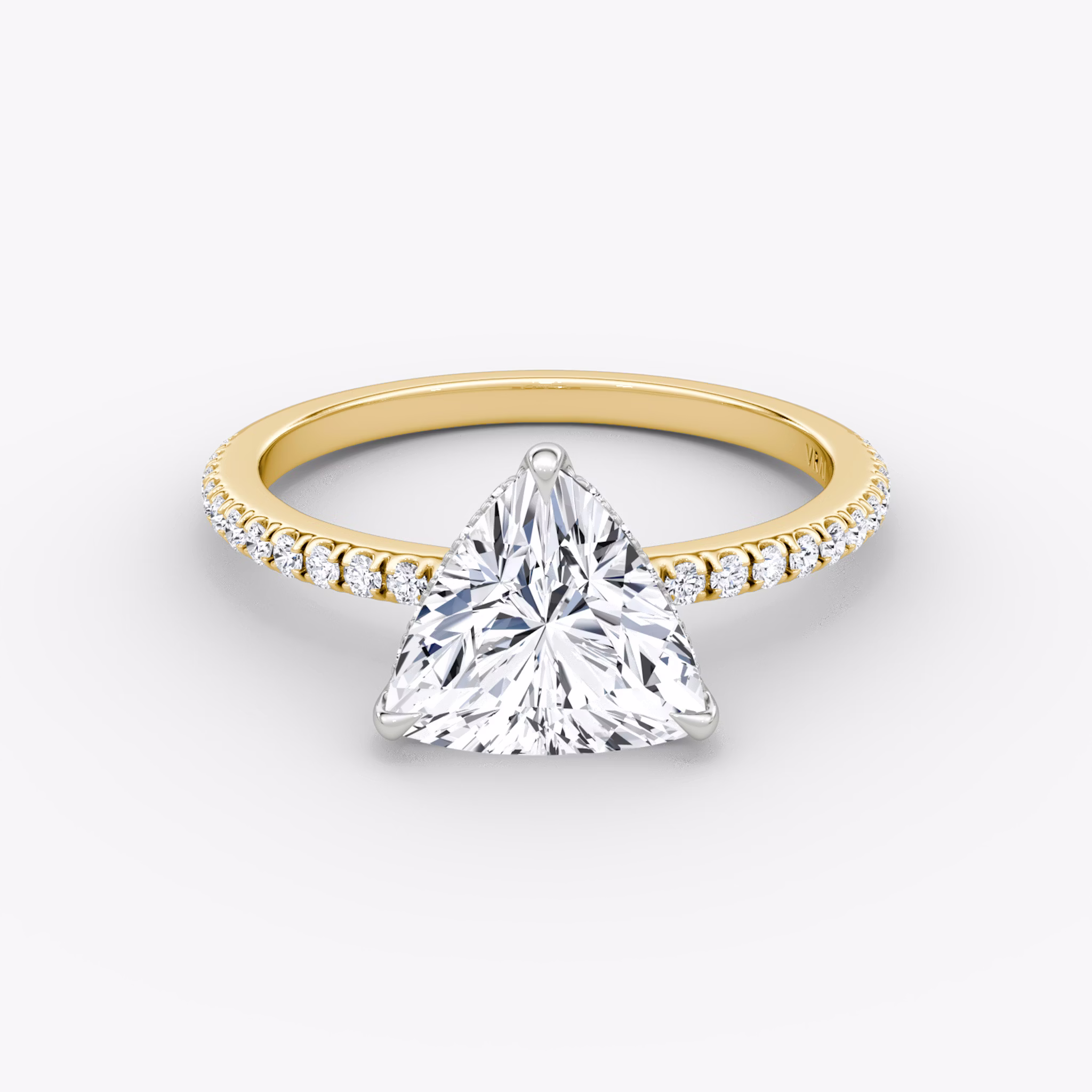 The Signature | Trillion | 18k | Yellow Gold and Platinum | bandAccent: Pavé | bandWidth: standard | hiddenHalo: yes | diamondOrientation: vertical | caratWeight: other
