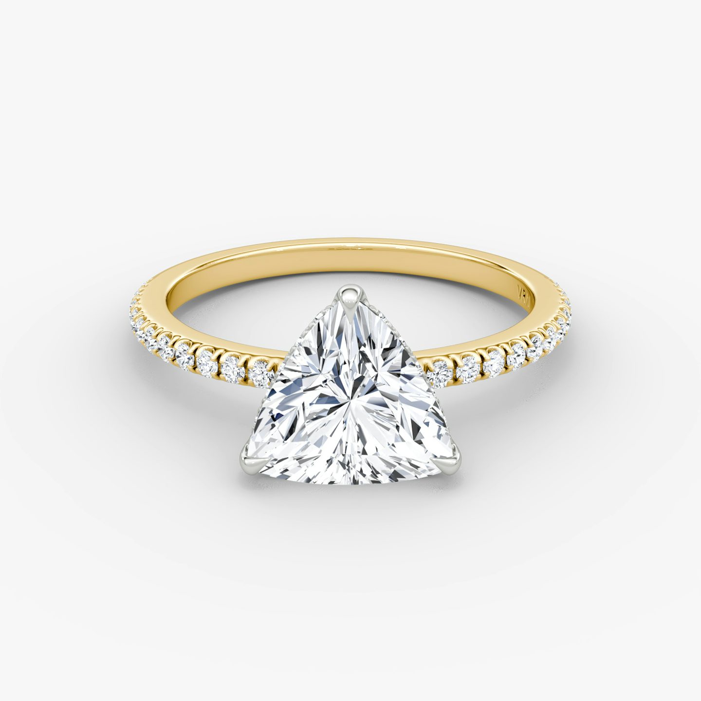 The Signature | Trillion | 18k | Yellow Gold and Platinum | bandAccent: Pavé | bandWidth: standard | hiddenHalo: yes | diamondOrientation: vertical | caratWeight: other