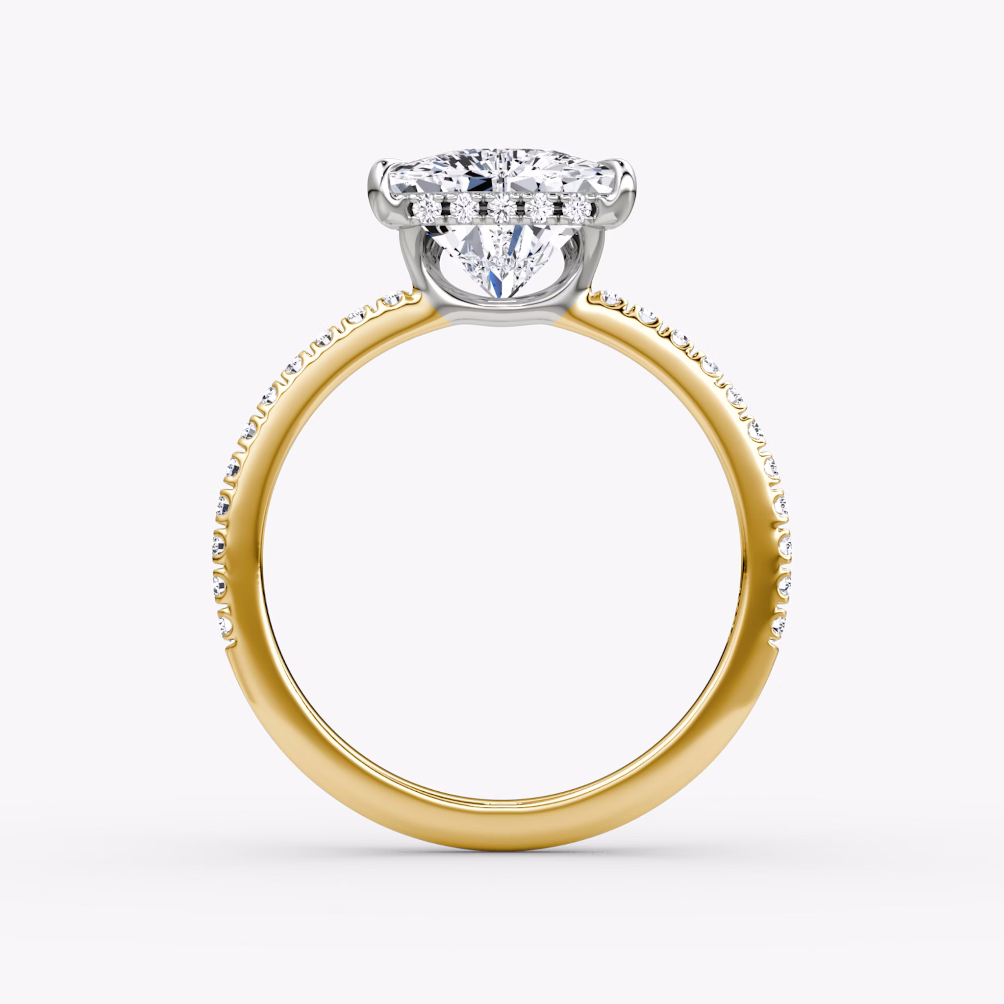 The Signature | Trillion | 18k | Yellow Gold and Platinum | bandAccent: Pavé | bandWidth: standard | hiddenHalo: yes | diamondOrientation: vertical | caratWeight: other
