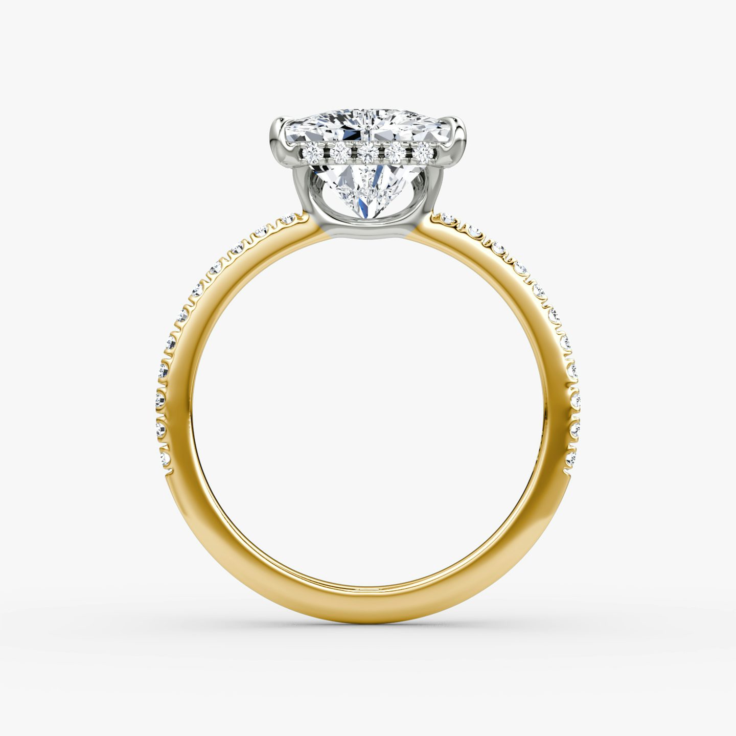 The Signature | Trillion | 18k | Yellow Gold and Platinum | bandAccent: Pavé | bandWidth: standard | hiddenHalo: yes | diamondOrientation: vertical | caratWeight: other