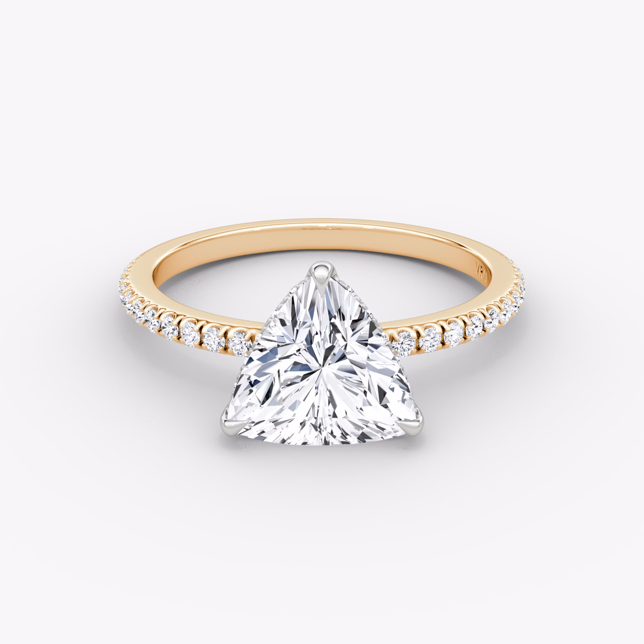 The Signature | Trillion | 14k | Rose Gold and Platinum | bandAccent: Pavé | bandWidth: standard | hiddenHalo: yes | diamondOrientation: vertical | caratWeight: other