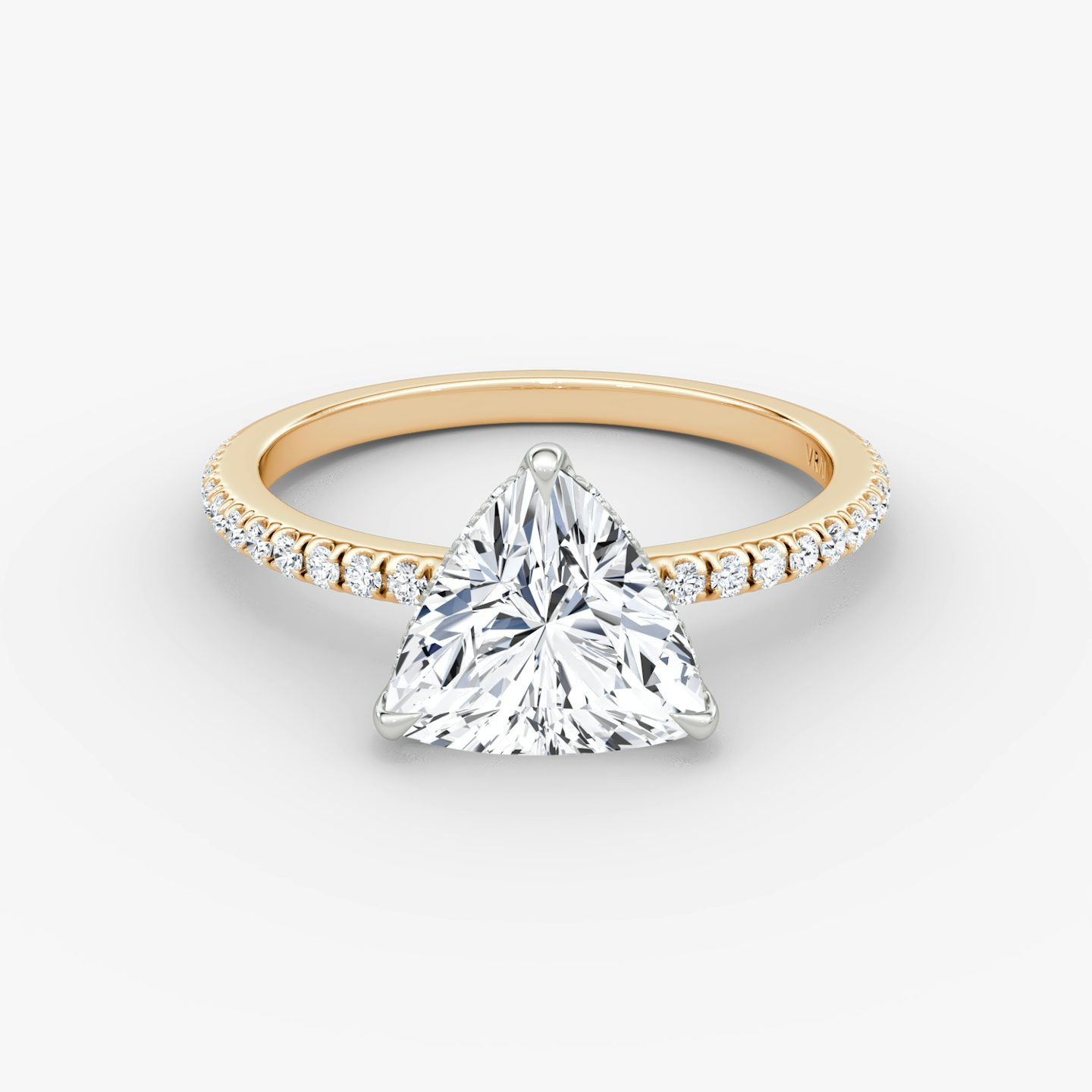 The Signature | Trillion | 14k | Rose Gold and Platinum | bandAccent: Pavé | bandWidth: standard | hiddenHalo: yes | diamondOrientation: vertical | caratWeight: other