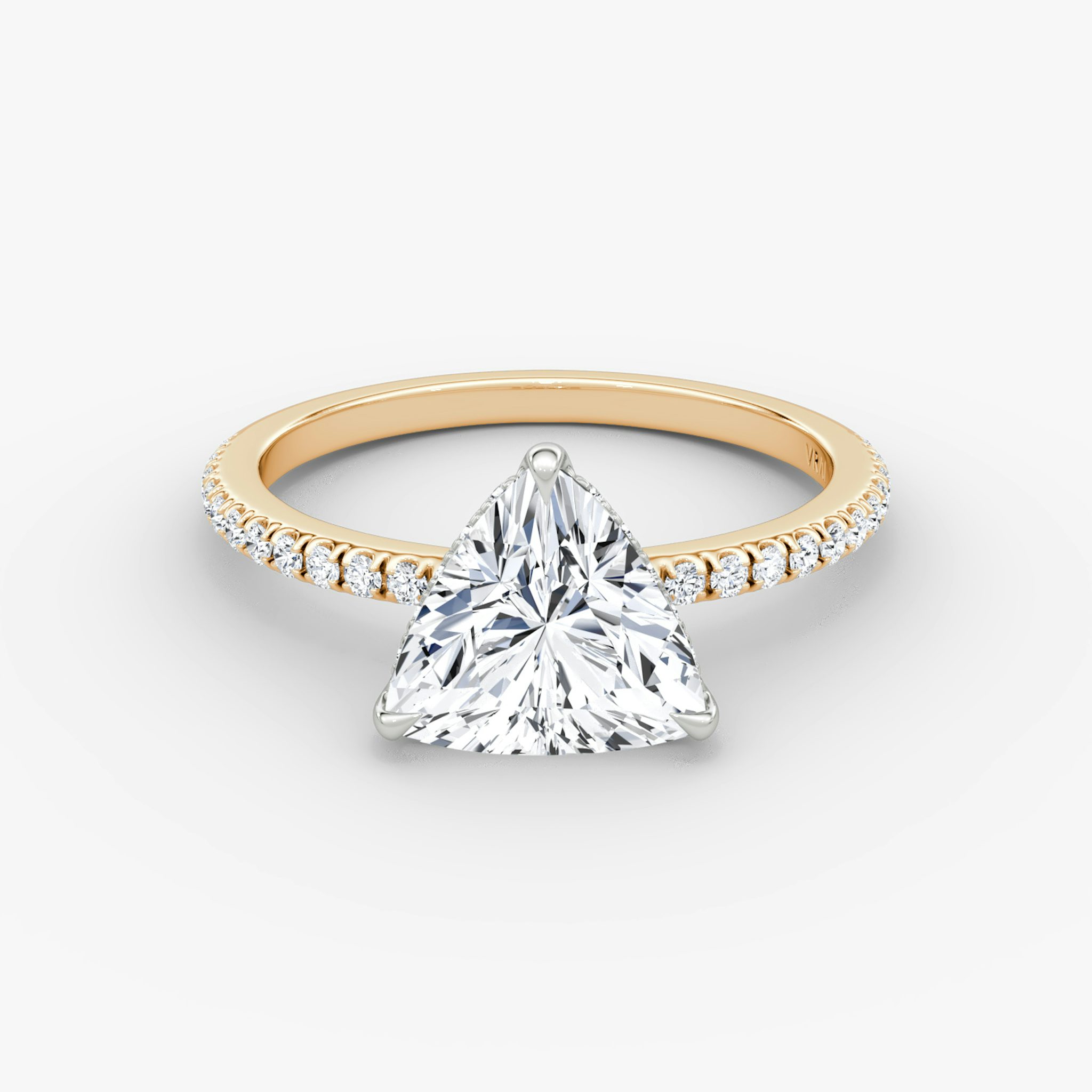 The Signature | Trillion | 14k | Rose Gold and Platinum | bandAccent: Pavé | bandWidth: standard | hiddenHalo: yes | diamondOrientation: vertical | caratWeight: other