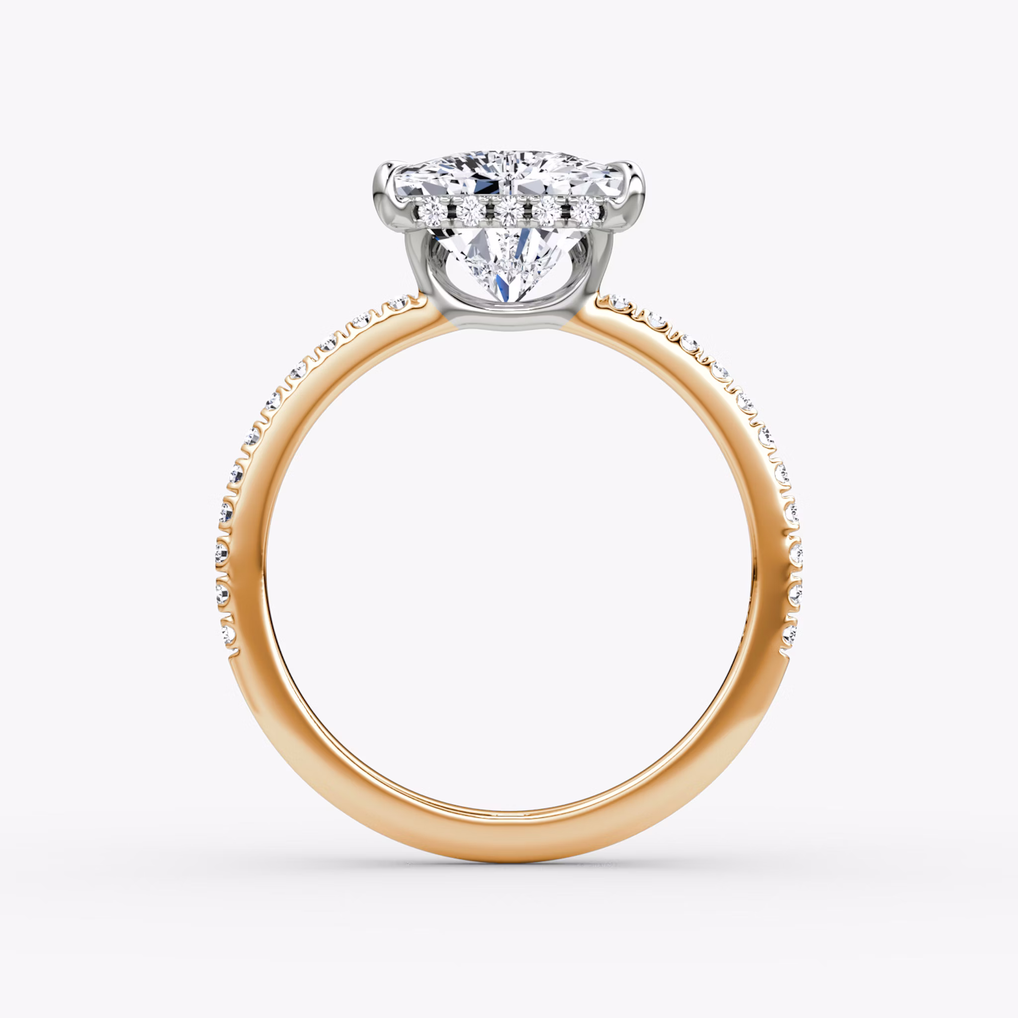The Signature | Trillion | 14k | Rose Gold and Platinum | bandAccent: Pavé | bandWidth: standard | hiddenHalo: yes | diamondOrientation: vertical | caratWeight: other