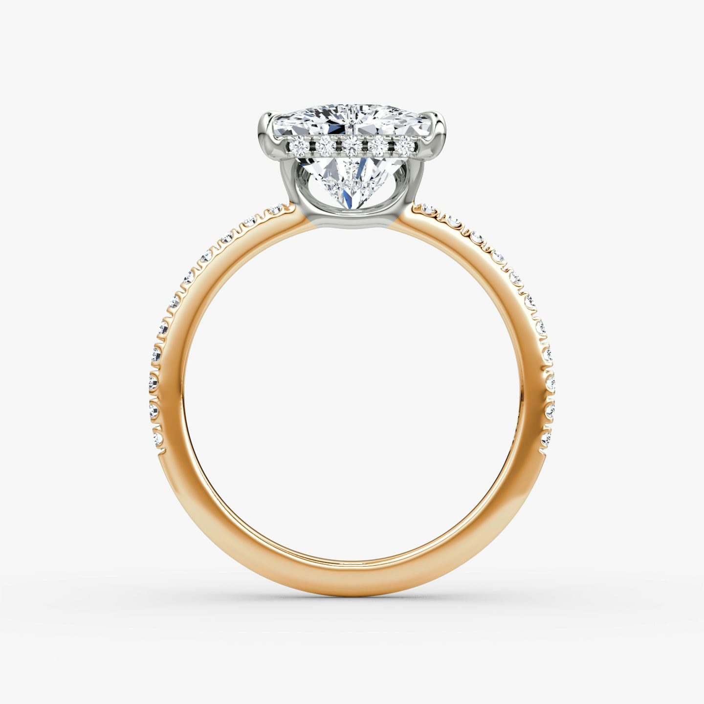 The Signature | Trillion | 14k | Rose Gold and Platinum | bandAccent: Pavé | bandWidth: standard | hiddenHalo: yes | diamondOrientation: vertical | caratWeight: other