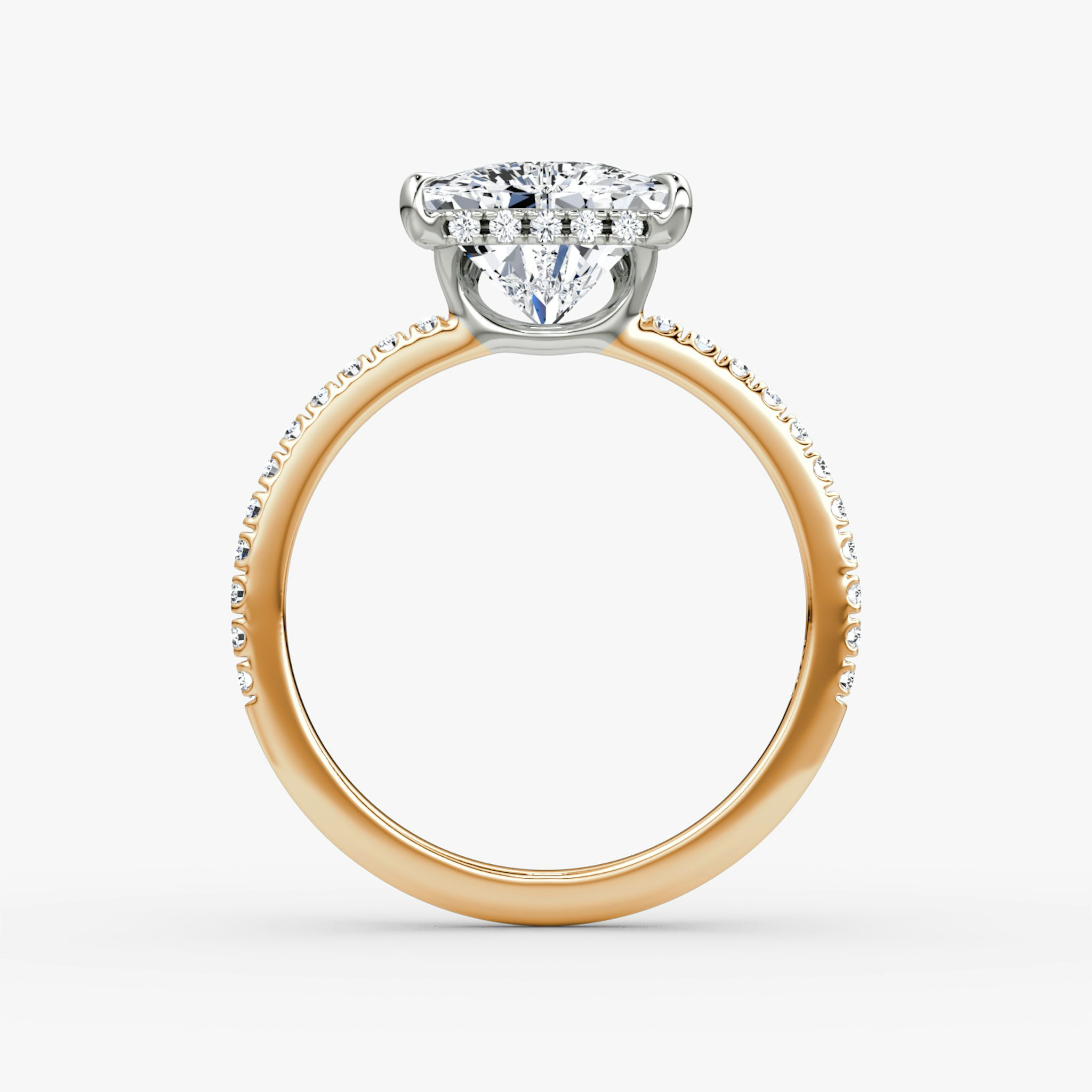 The Signature | Trillion | 14k | Rose Gold and Platinum | bandAccent: Pavé | bandWidth: standard | hiddenHalo: yes | diamondOrientation: vertical | caratWeight: other