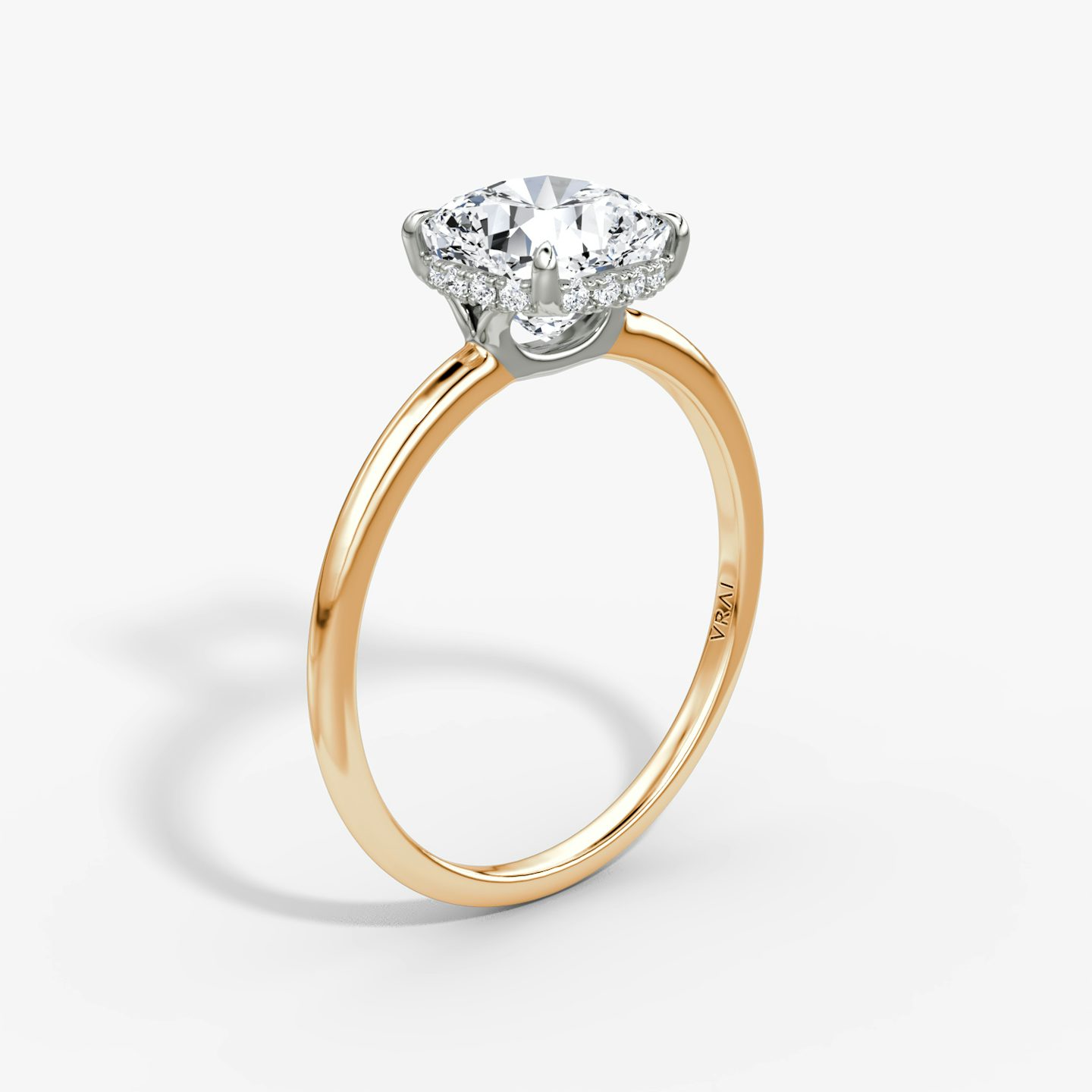 The Signature | Cushion | 14k | Rose Gold and Platinum | bandAccent: Plain | bandWidth: standard | hiddenHalo: yes | diamondOrientation: vertical | caratWeight: other