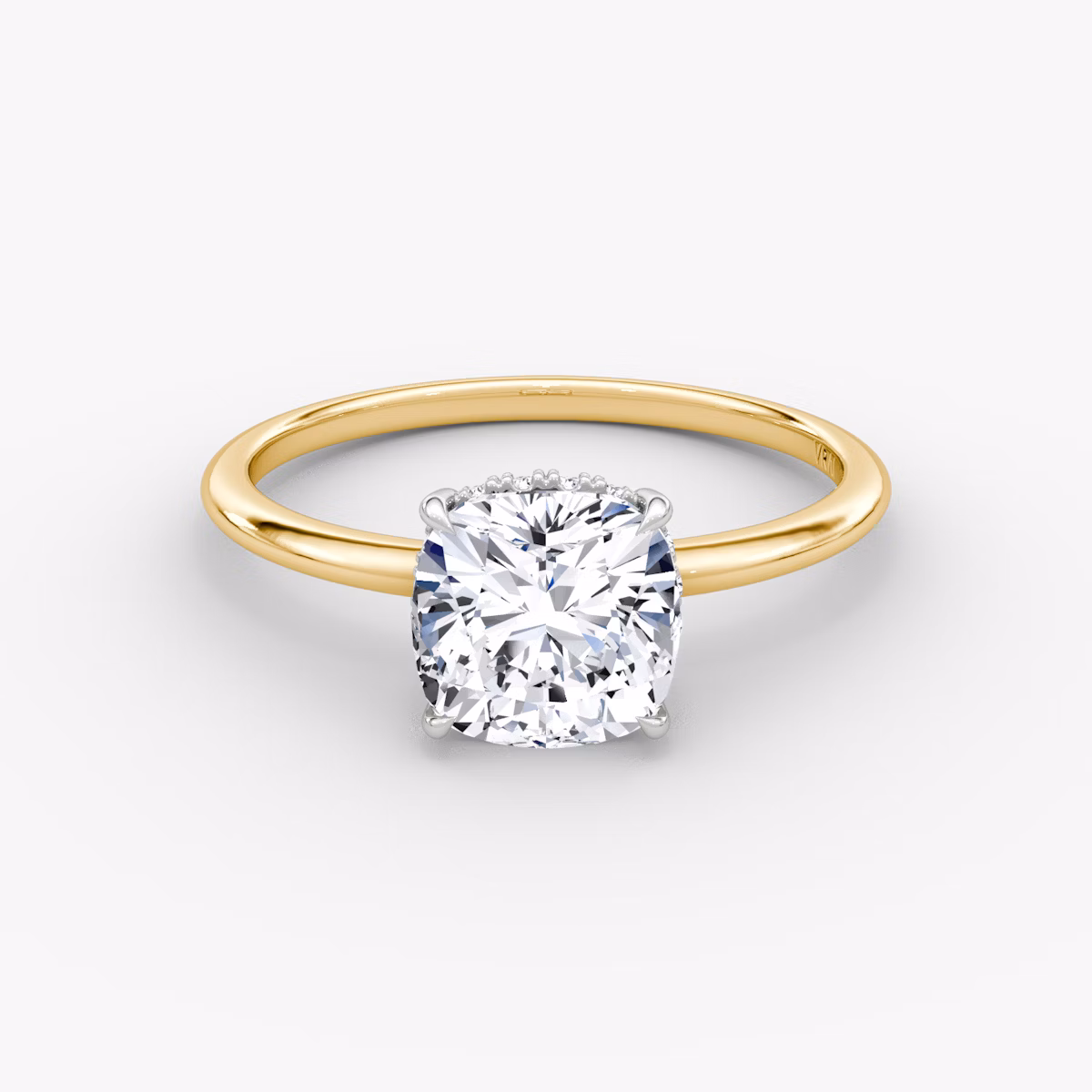 The Signature | Cushion | 18k | Yellow Gold and Platinum | bandAccent: Plain | bandWidth: standard | hiddenHalo: yes | diamondOrientation: vertical | caratWeight: other